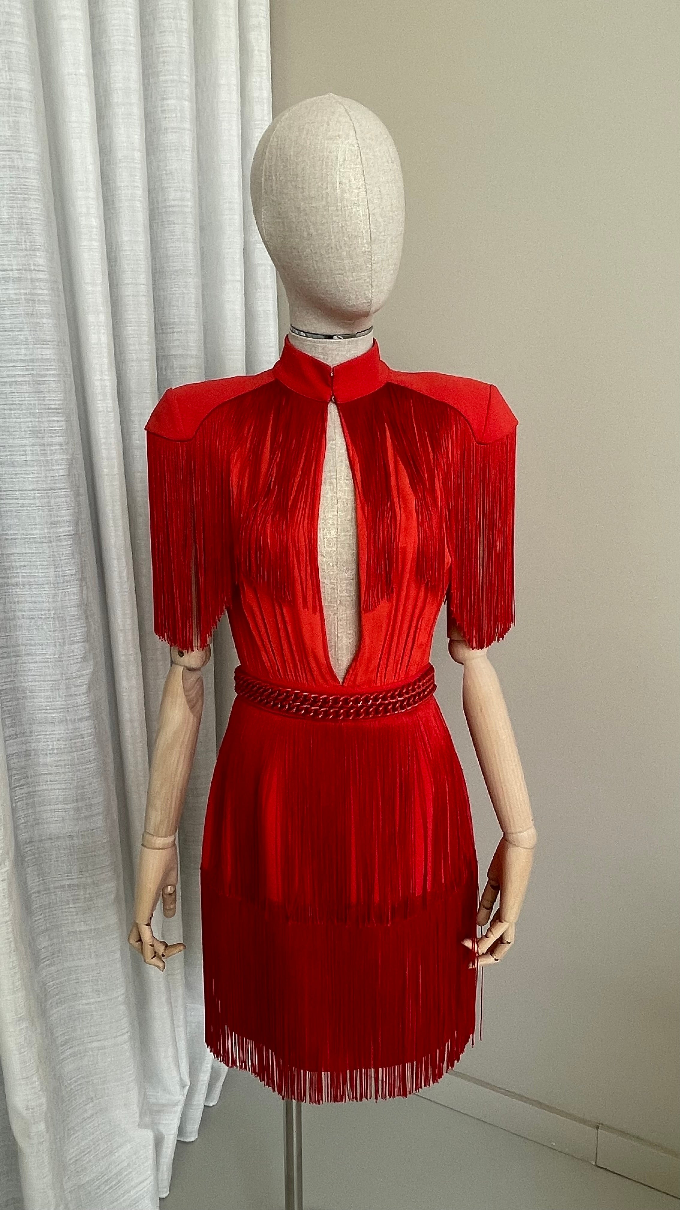 Elisabetta Franchi 20th Anniversary Fringe Dress In Red