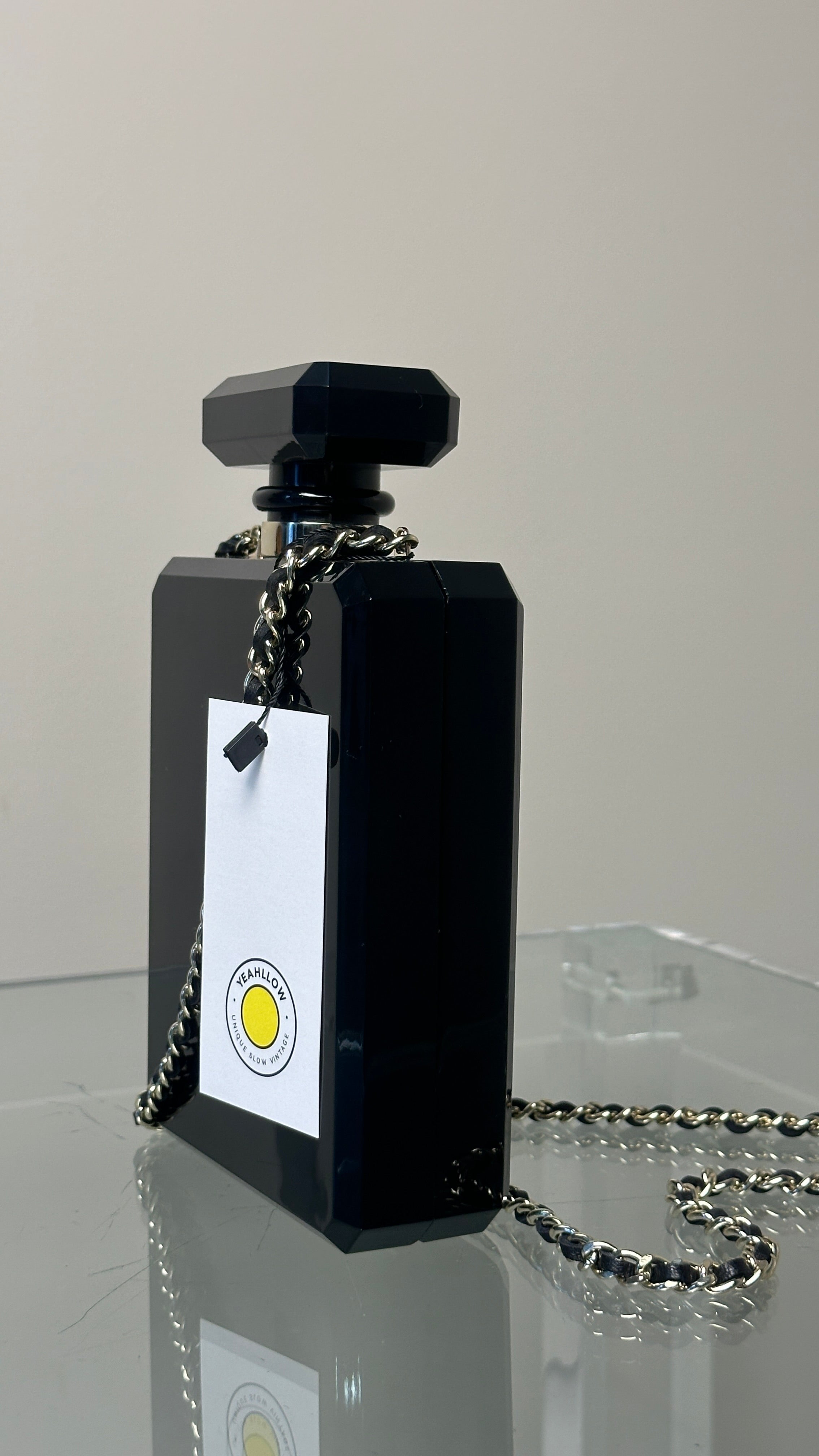 RARE COLLECTOR CHANEL BLACK PLEXIGLASS NO.5 BOTTlLE BAG IN BLACK