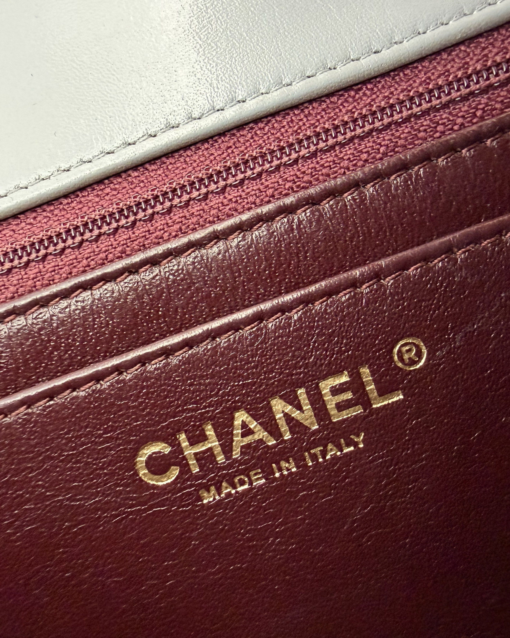 CHANEL MEDIUM LAMBSKIN QUILTED TWO TONE DAY FLAP GREY AND BURGUNDY