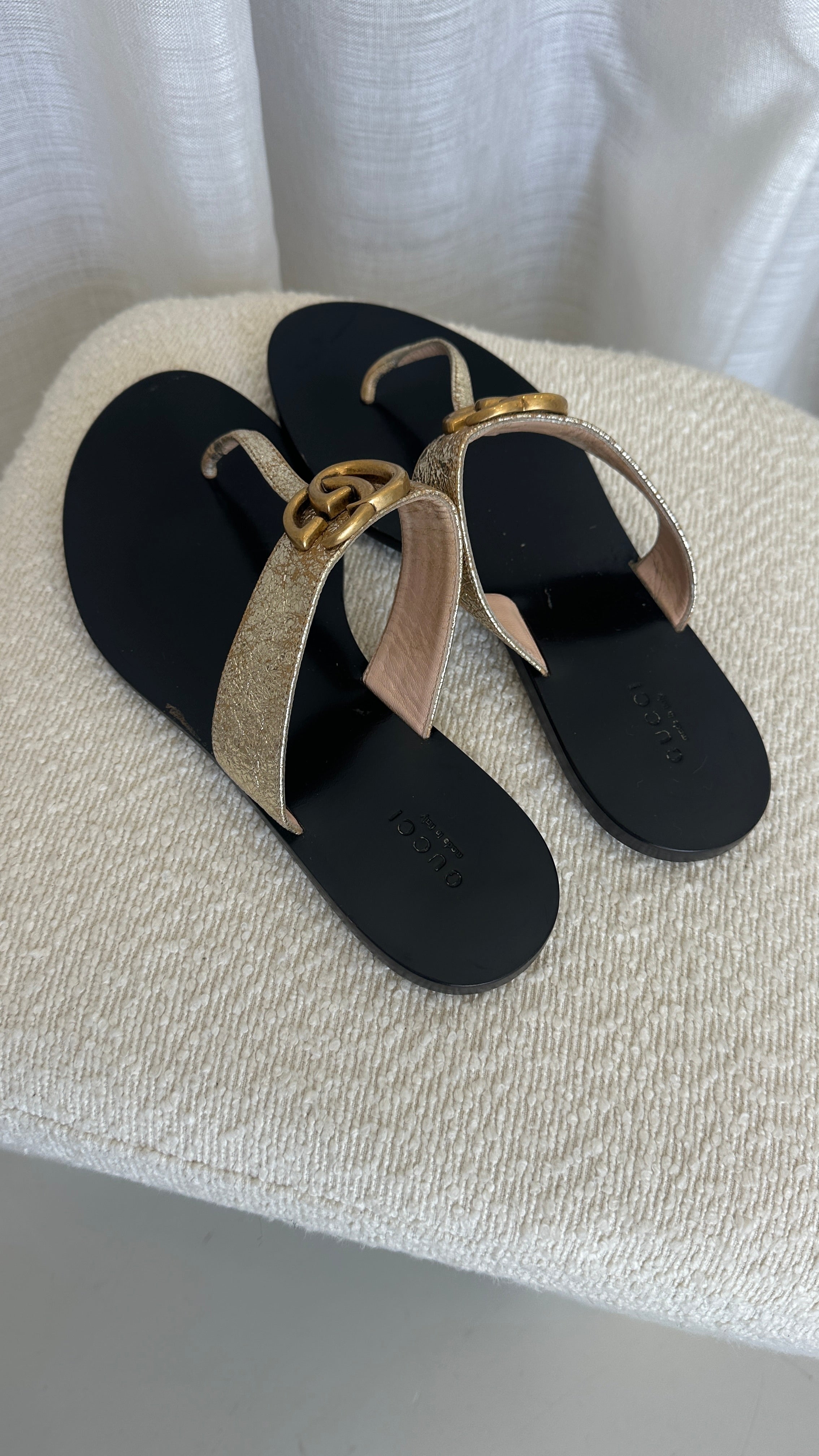 Gucci GG Marmont Thong Sandals In Gold - Size 38