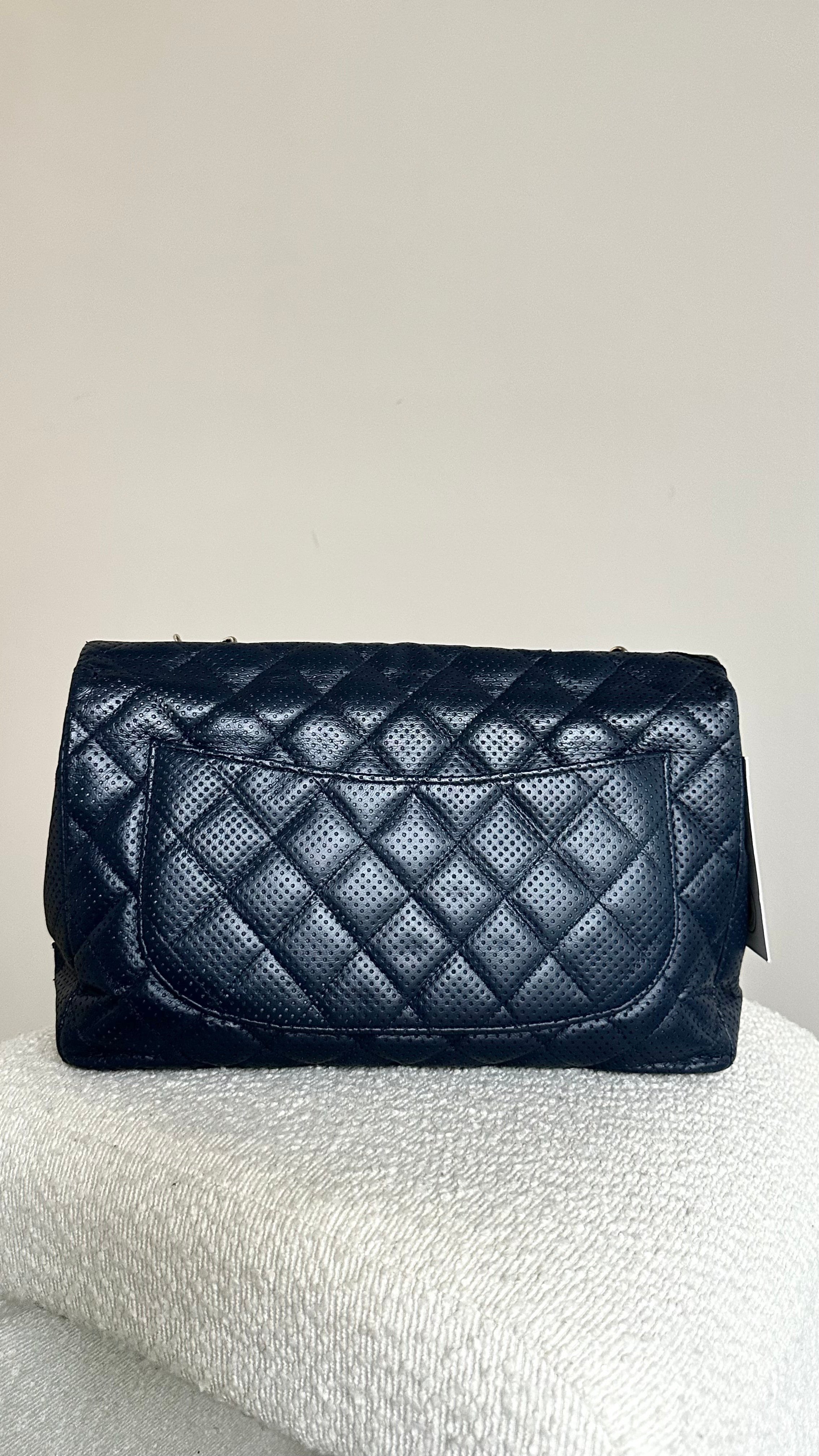 Chanel Jumbo Perforated Leather Flap Bag In Navy