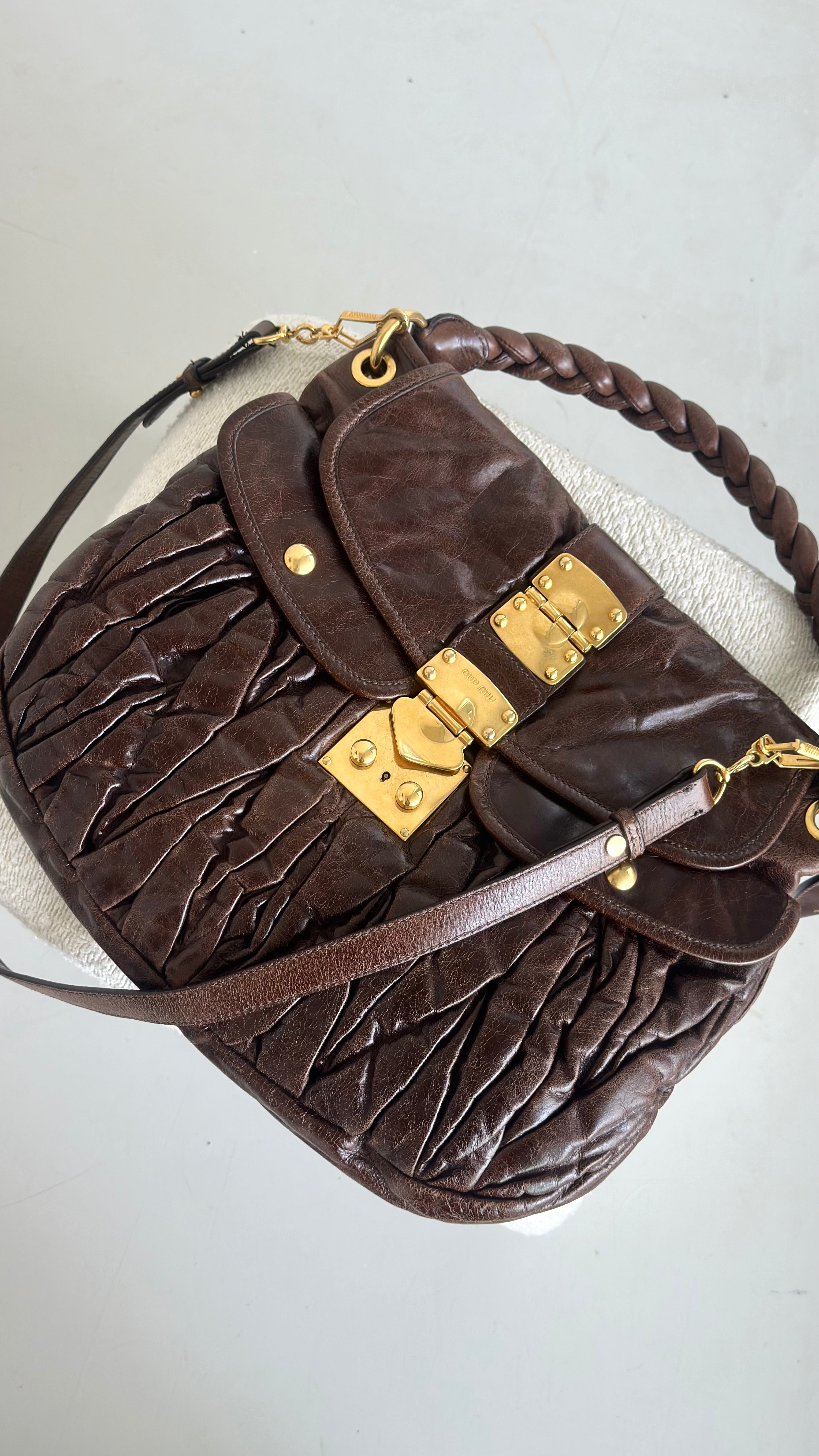 MIU MIU MATELASSE NAPPA COFFER HOBO BAG IN BROWN