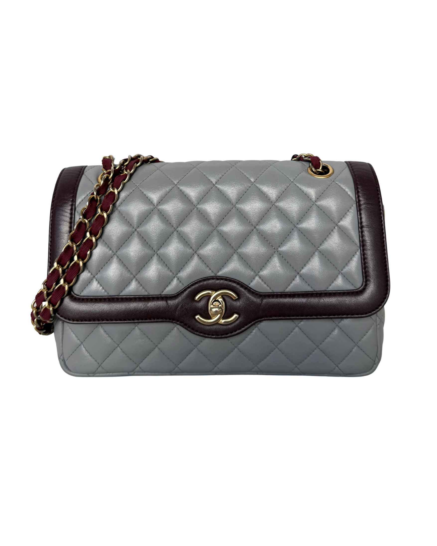 CHANEL MEDIUM LAMBSKIN QUILTED TWO TONE DAY FLAP GREY AND BURGUNDY