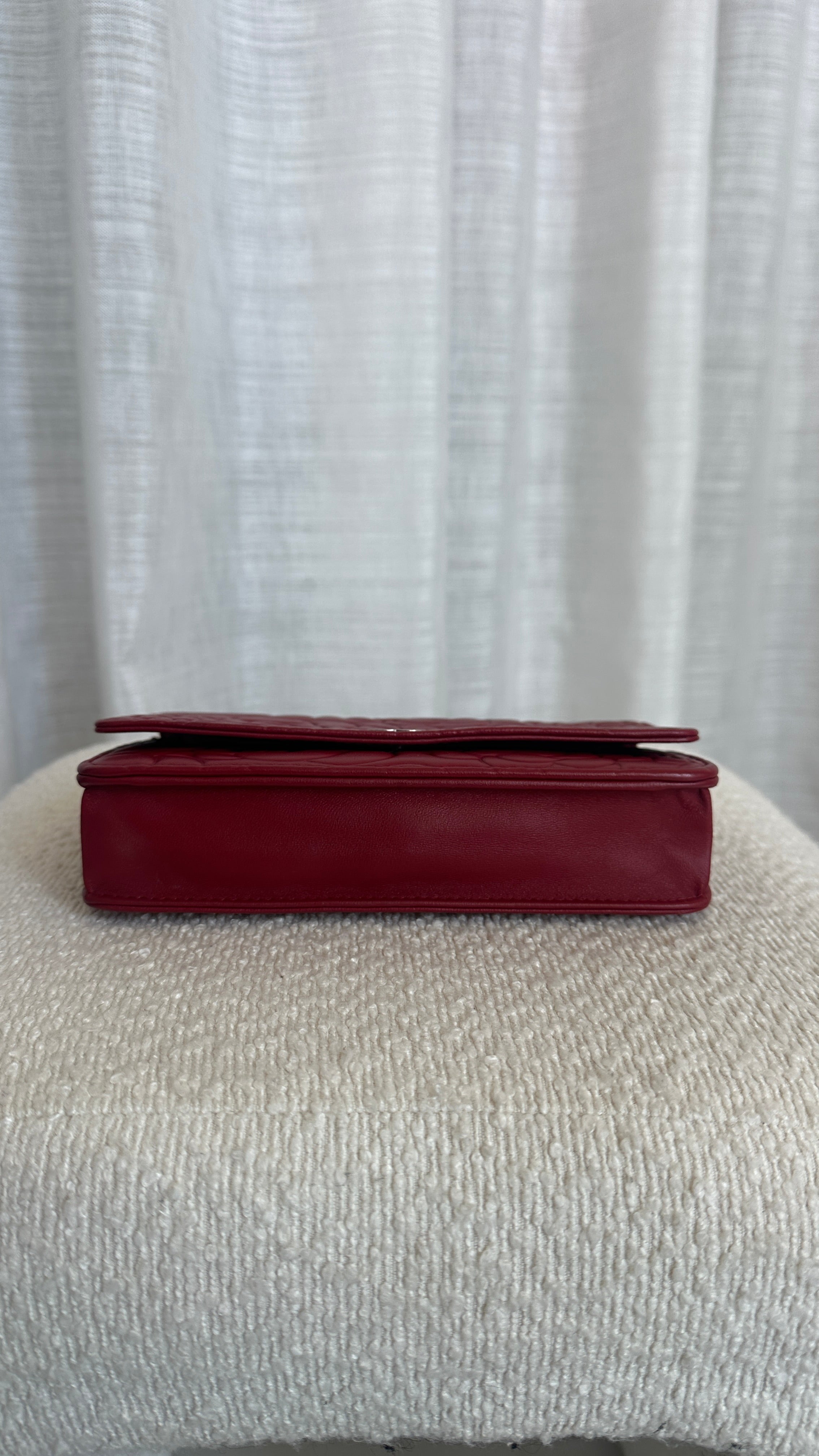 CHANEL LAMBSKIN CAMELLIA WALLET ON CHAIN IN RED