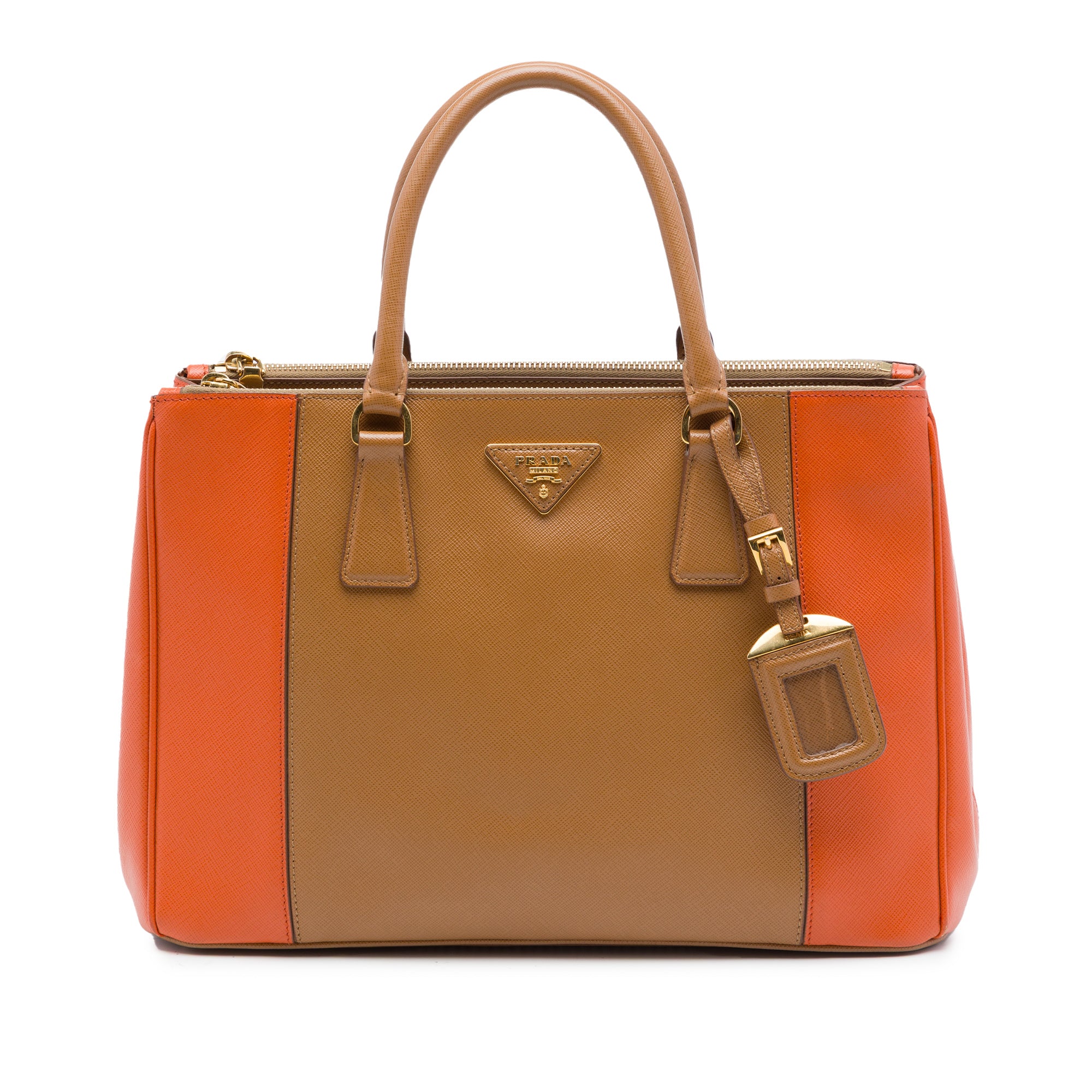 Prada Medium Bicolor Saffiano Lux Galleria Double Zip Satchel Brown