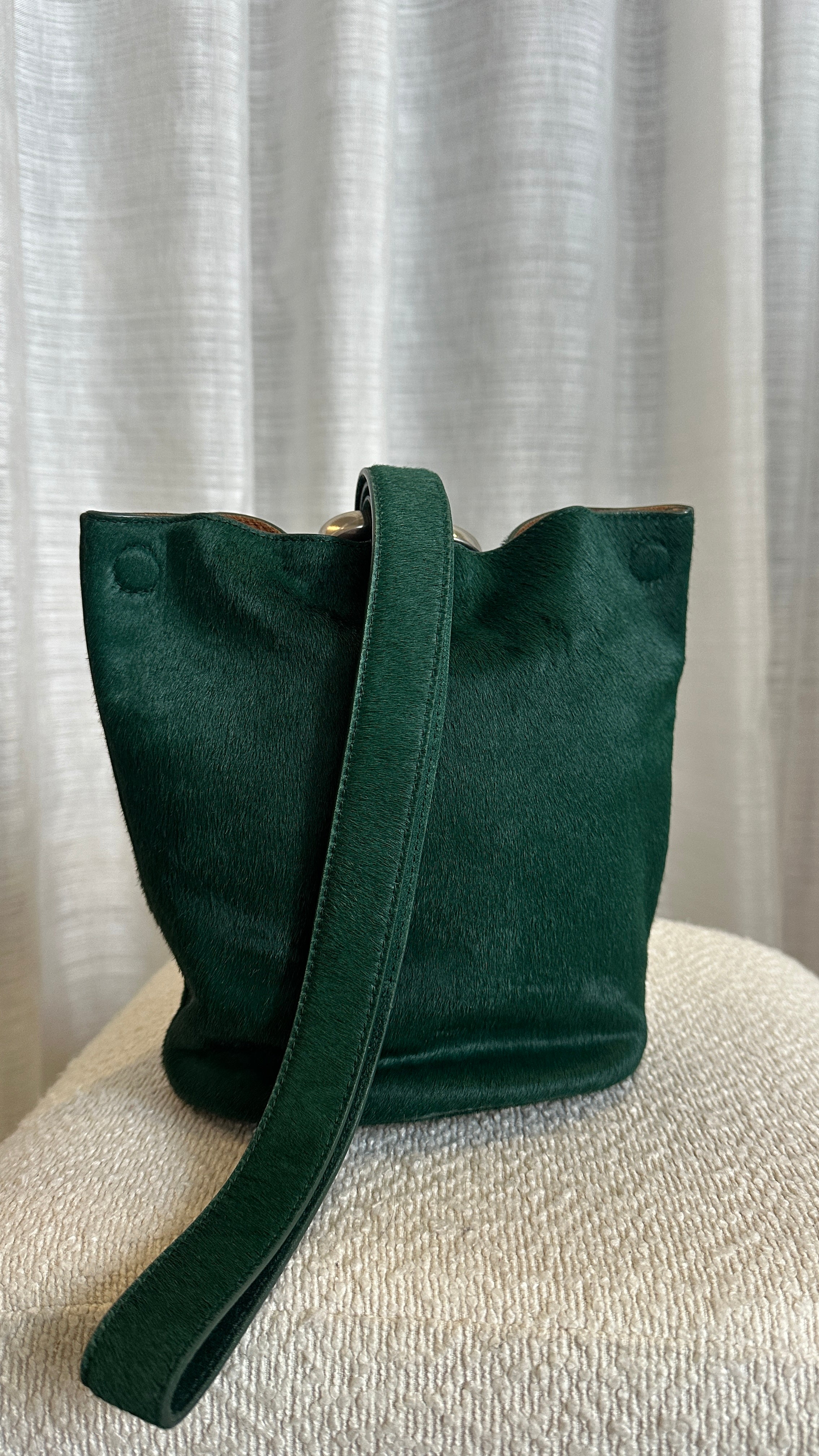 BOTTEGA VENETA SMALL PONY HAIR DROP BUCKET BAG IN GREEN