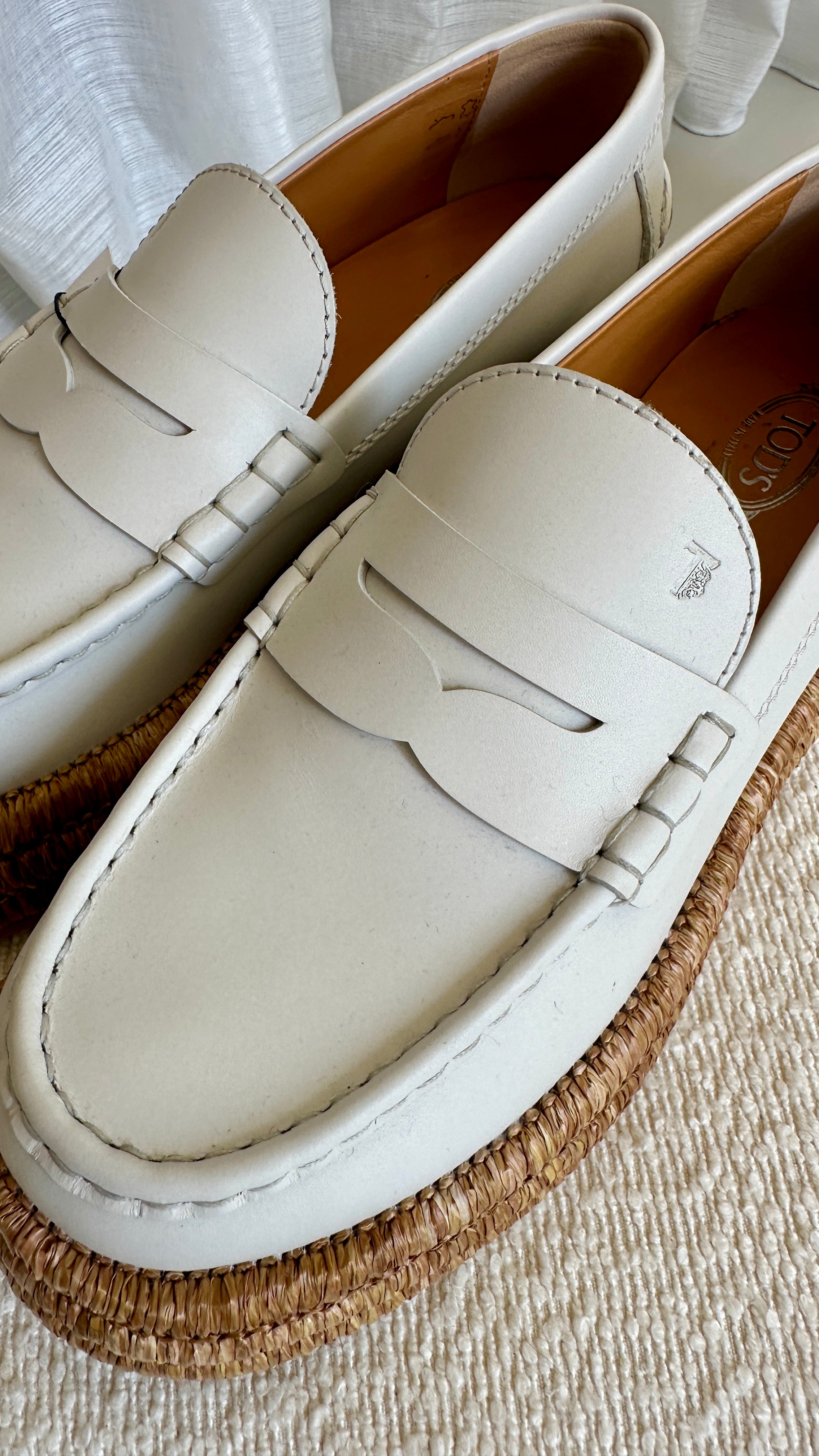 Tod's Raffia and Leather Platform Loafers In White - Size 39.5