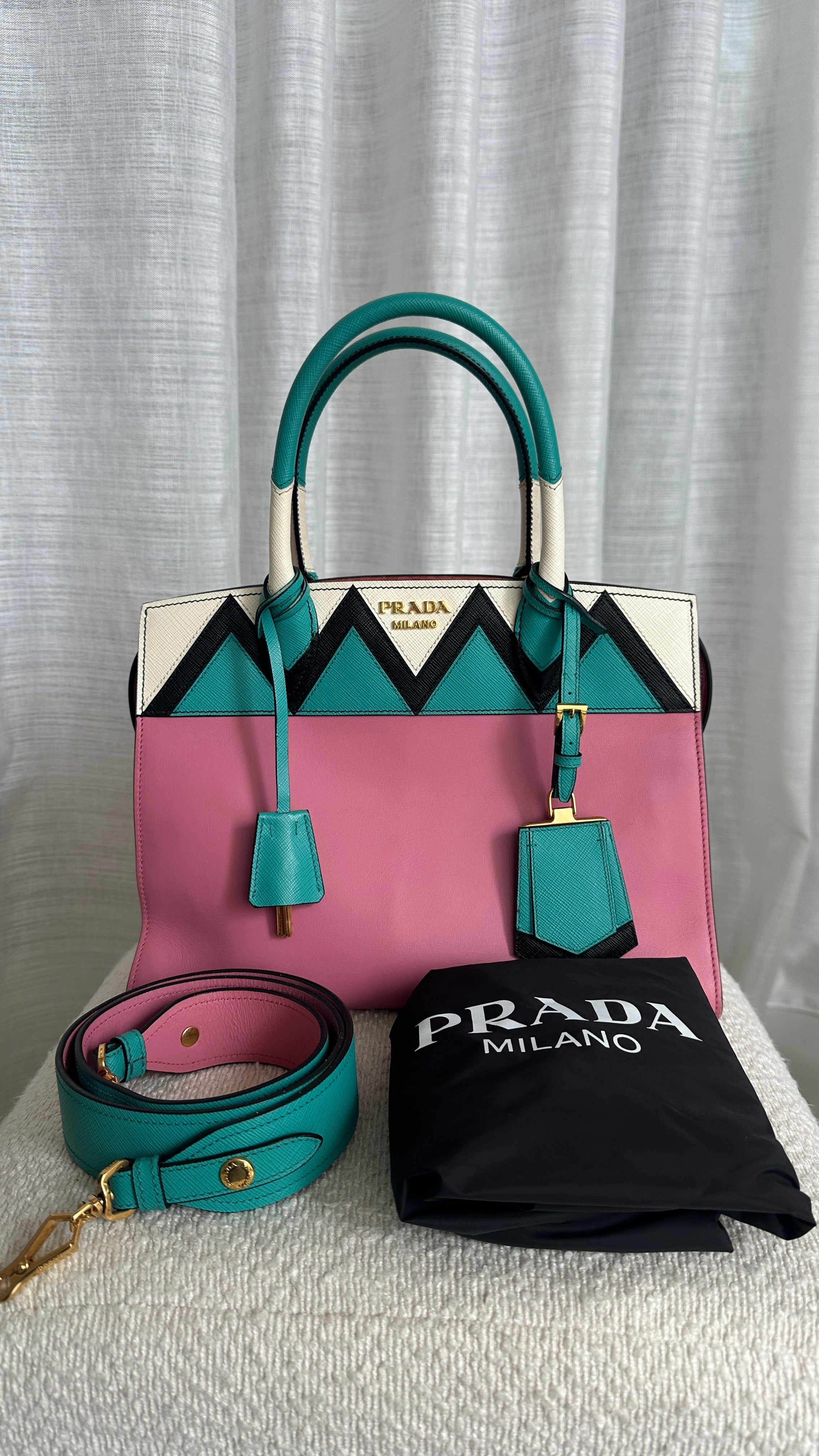 PRADA PARADIGME LEATHER BAG - IN PINK AND BLUE