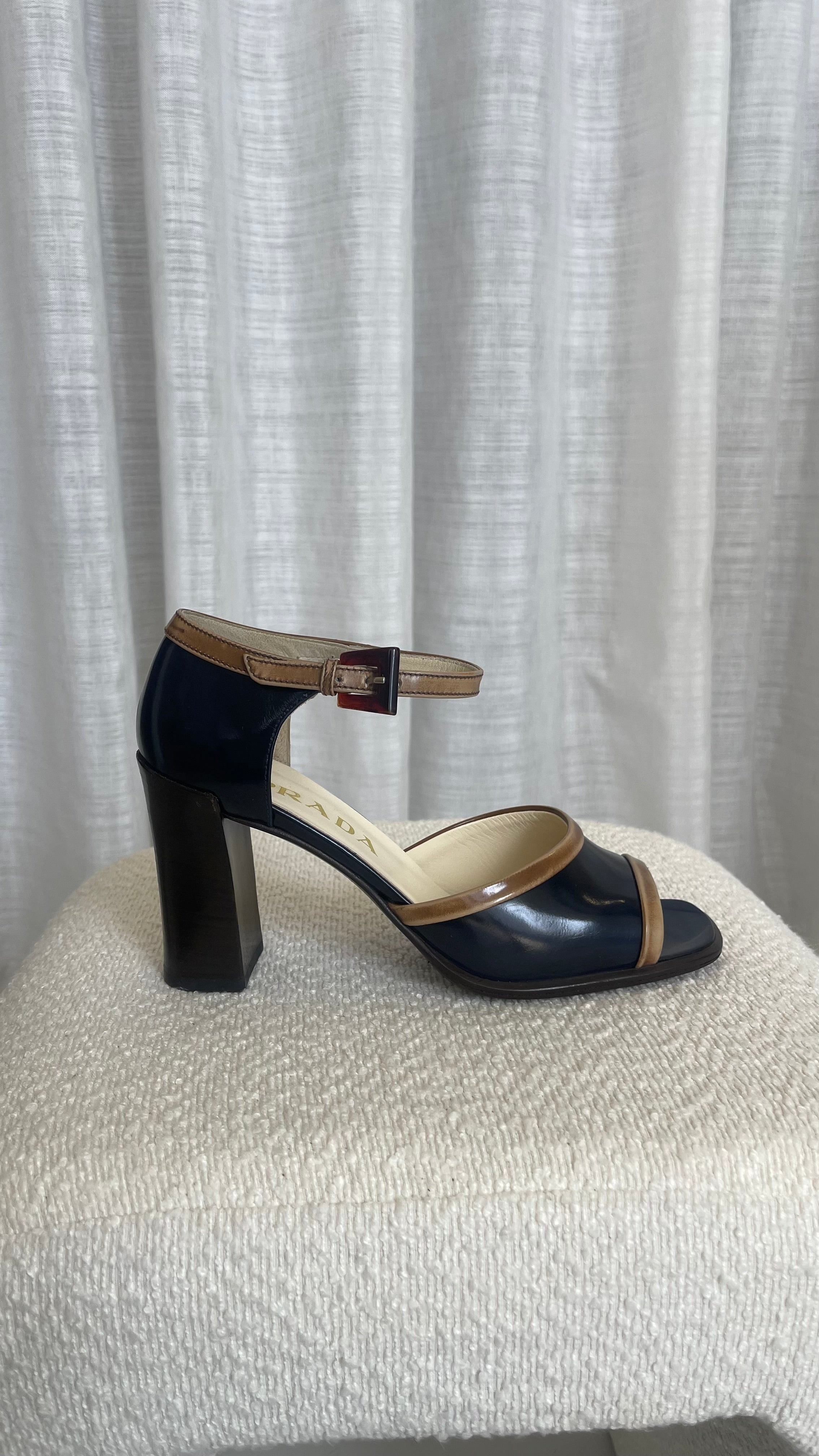 Prada Peep Toe Heels In Navy - Size 38.5