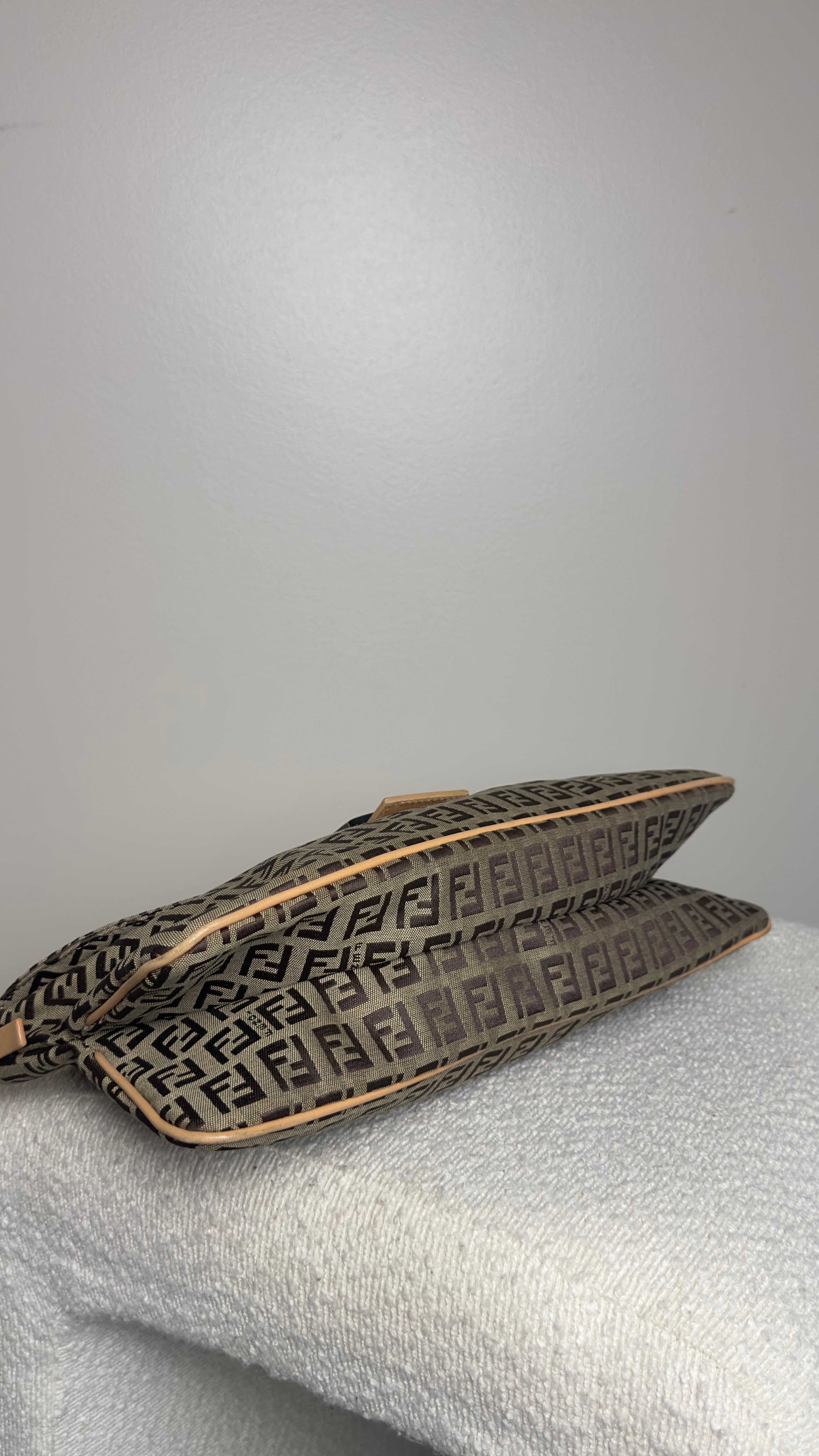 FENDI ZUCCHINO CANVAS DOUBLE FLAP SHOULDER BAG IN BROWN