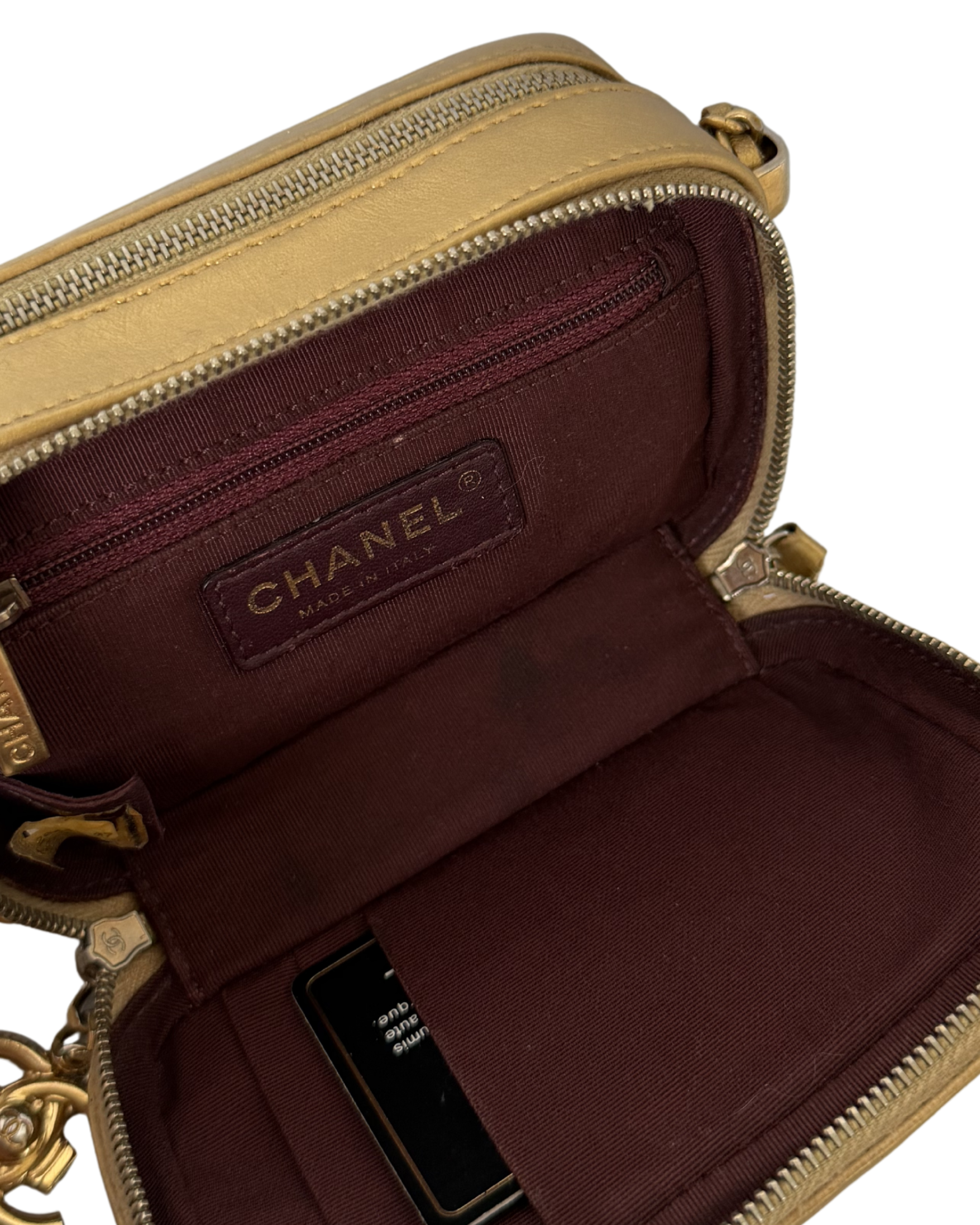 CHANEL METALLIC LAMBSKIN MINI COCO BOY CAMERA BAG IN GOLD