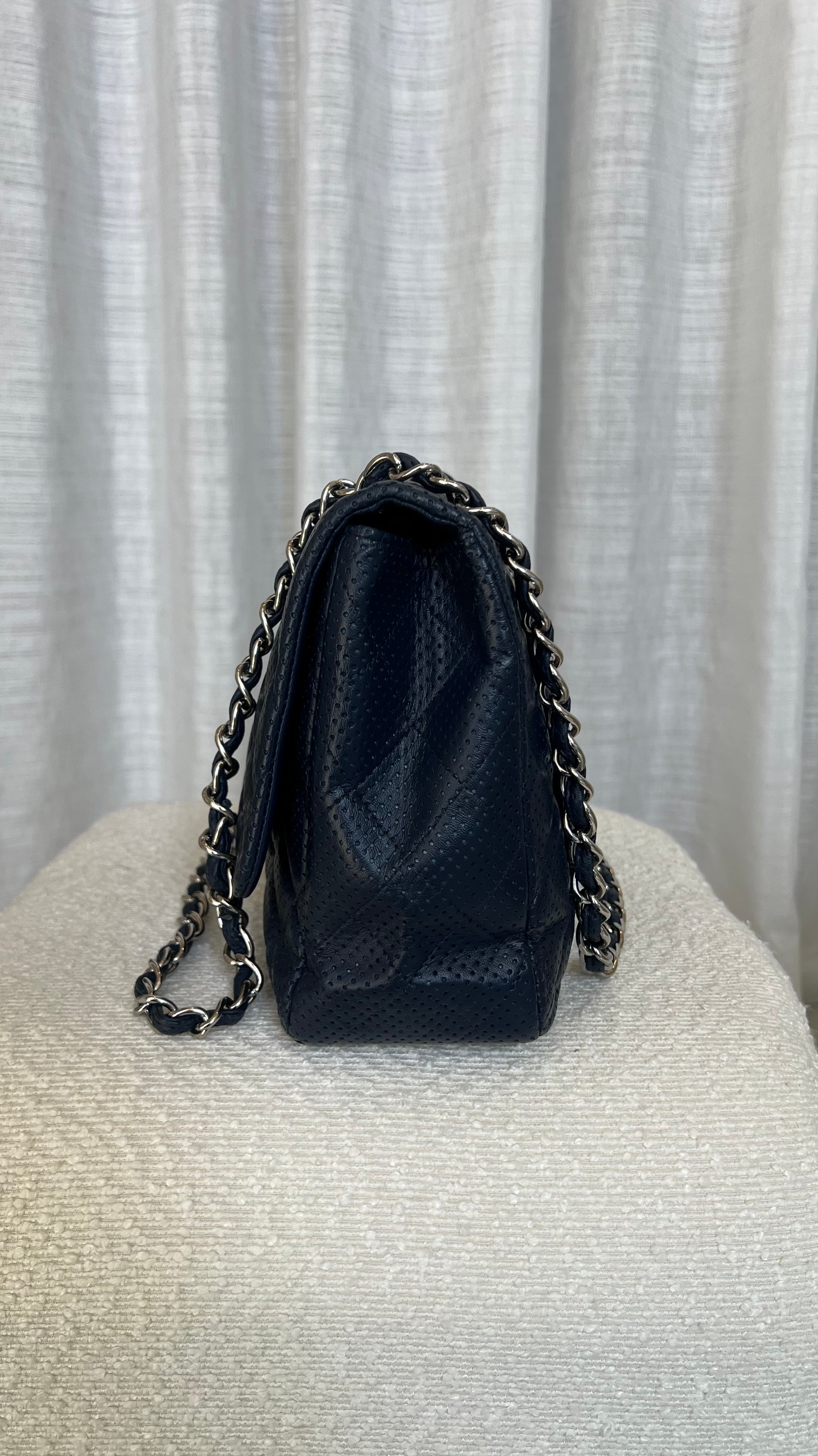 Chanel Jumbo Perforated Leather Flap Bag In Navy