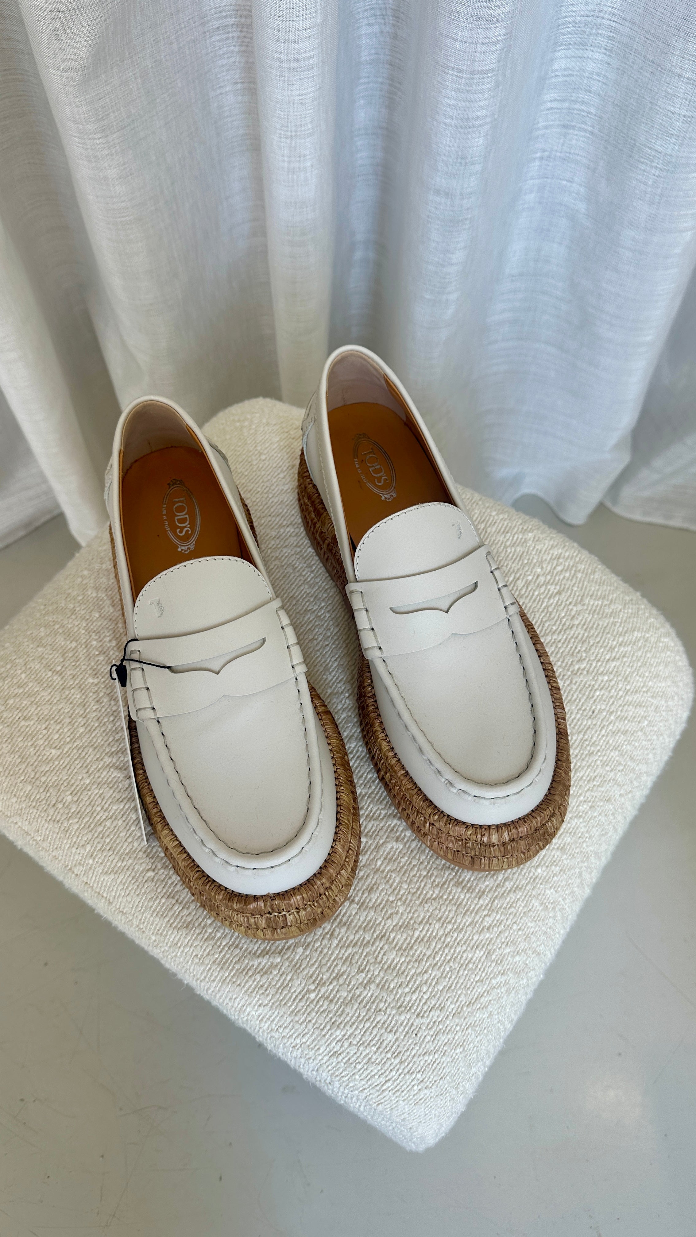 Tod's Raffia and Leather Platform Loafers In White - Size 39.5
