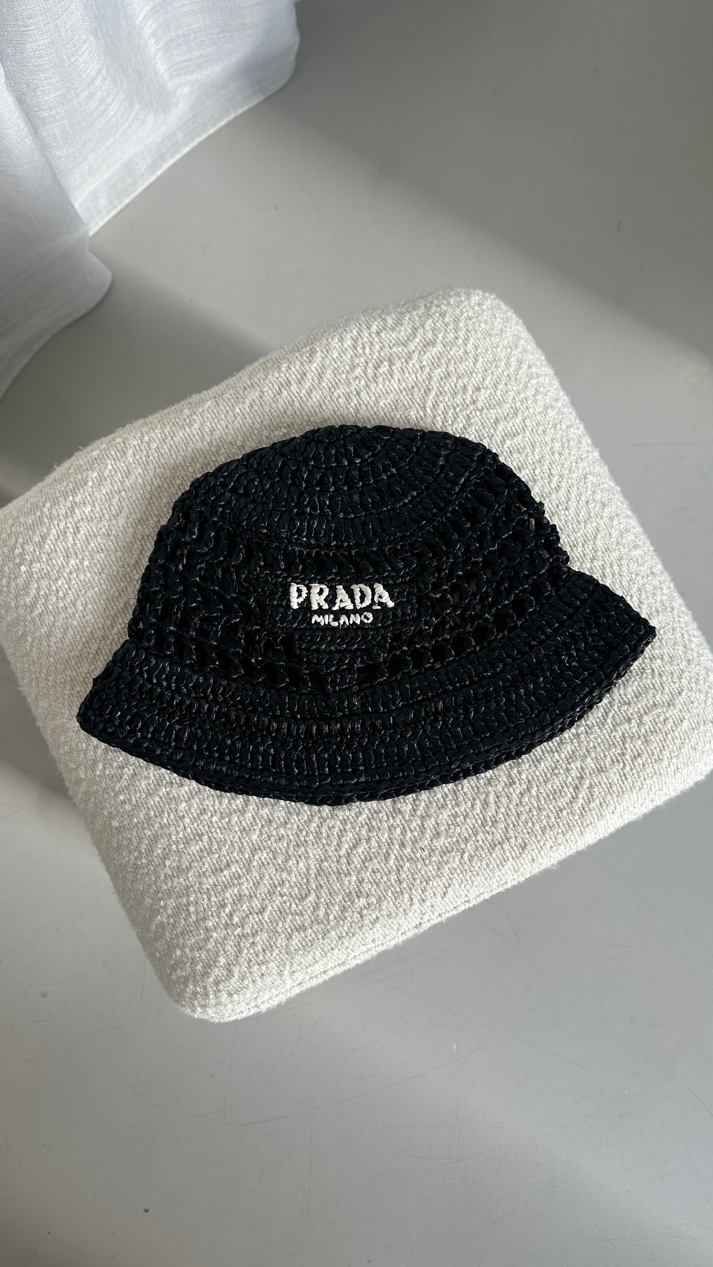 Prada Crochet Raffia Bucket Hat In Black