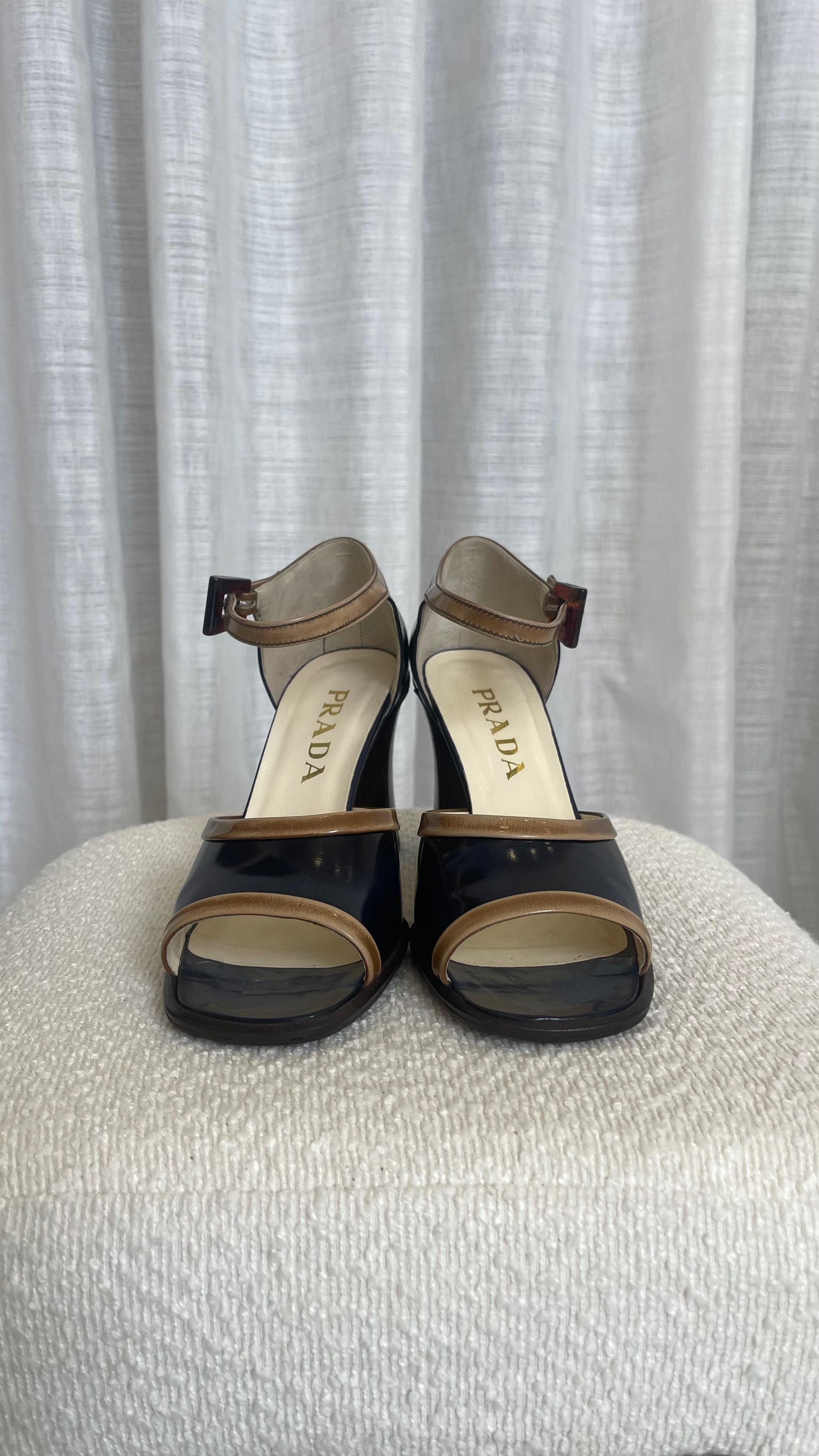Prada Peep Toe Heels In Navy - Size 38.5