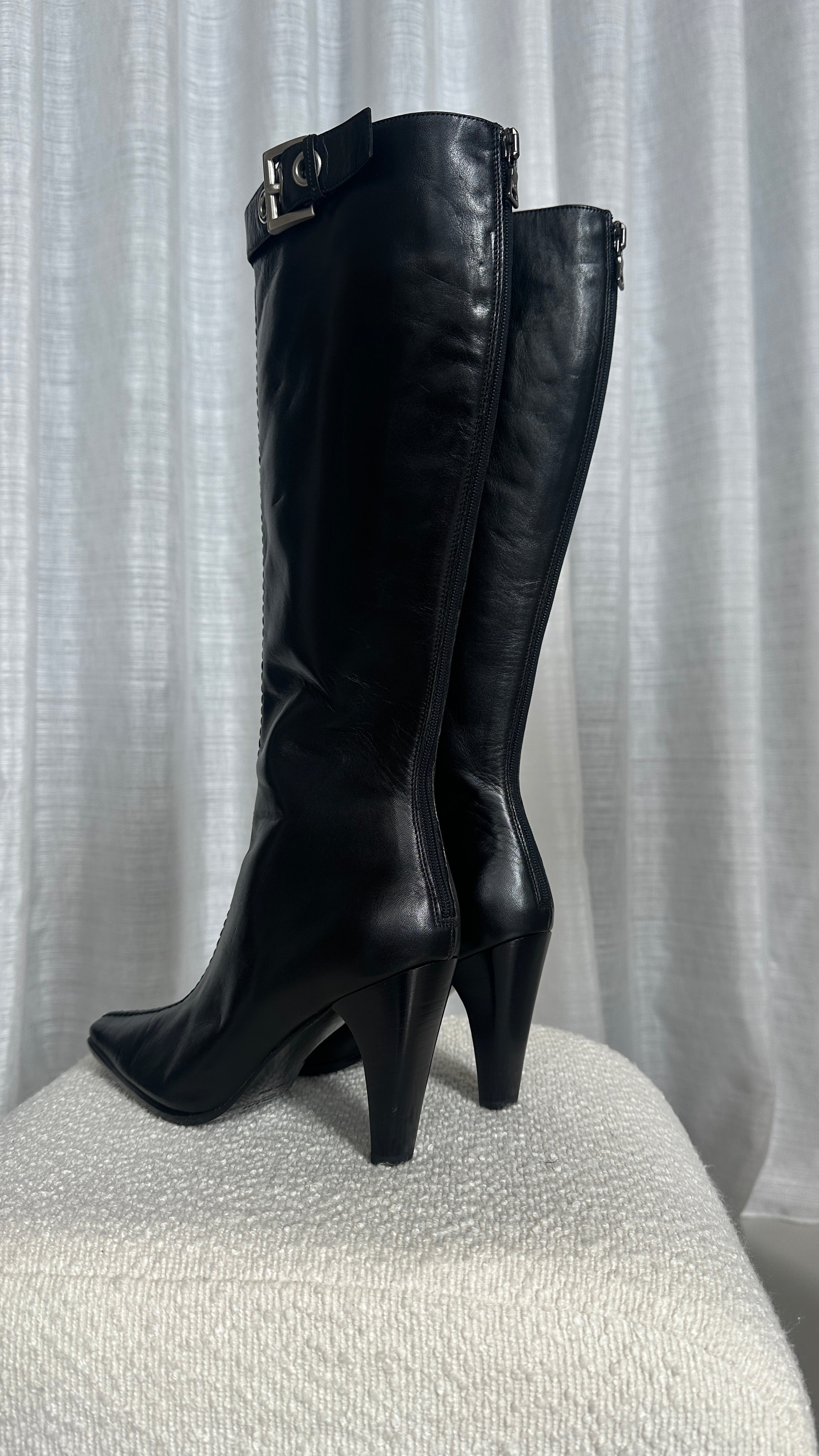 Prada Knee High Leather Boots In Black - Size 36.5