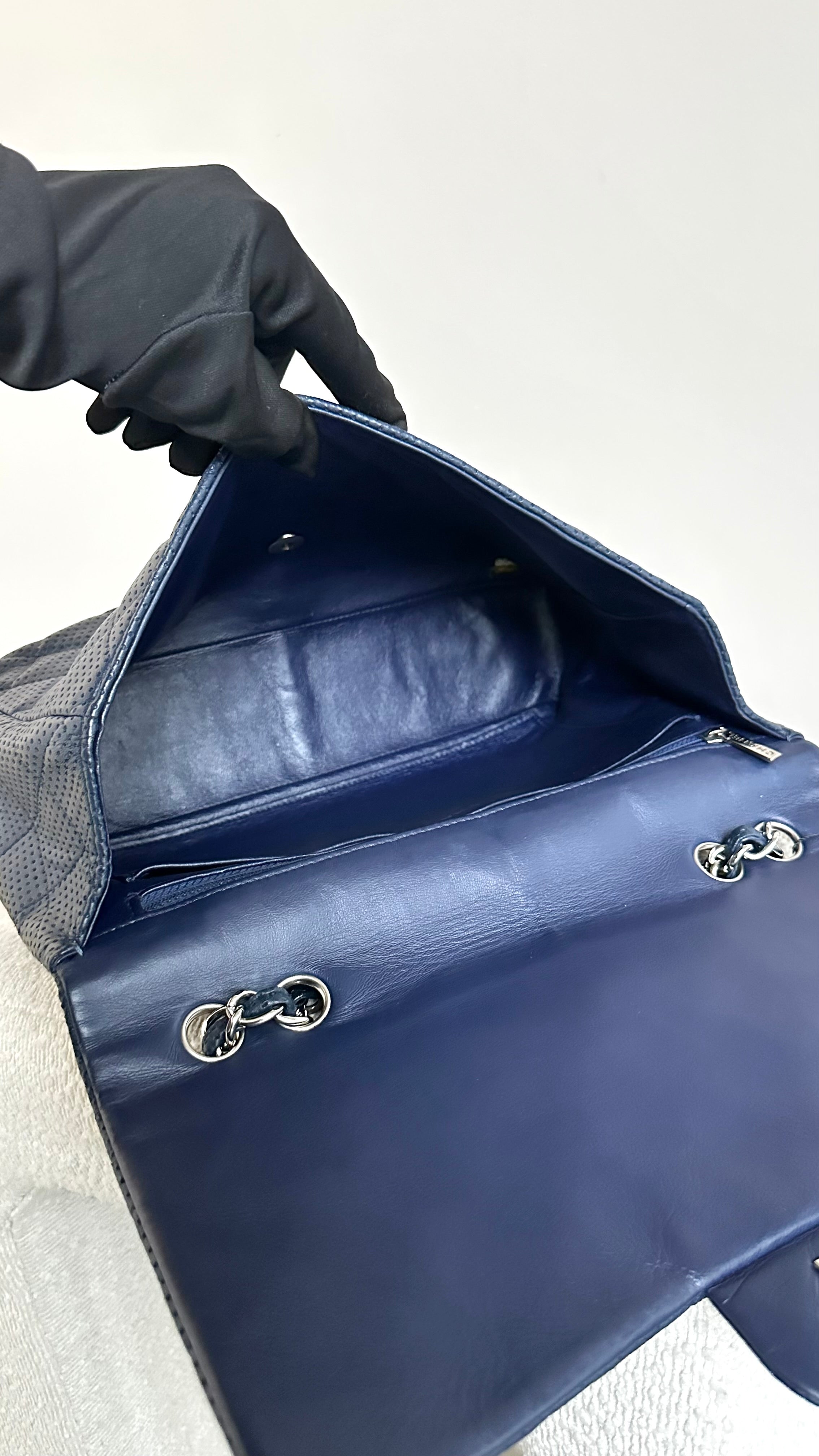 Chanel Jumbo Perforated Leather Flap Bag In Navy