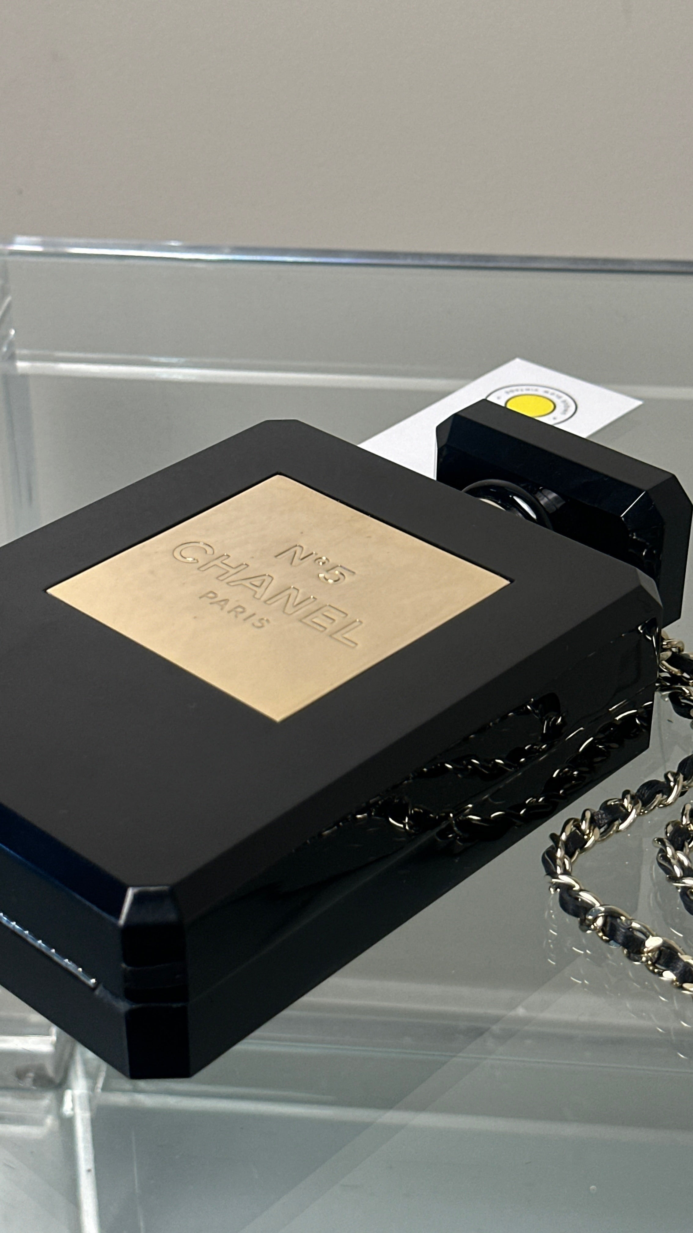 RARE COLLECTOR CHANEL BLACK PLEXIGLASS NO.5 BOTTlLE BAG IN BLACK