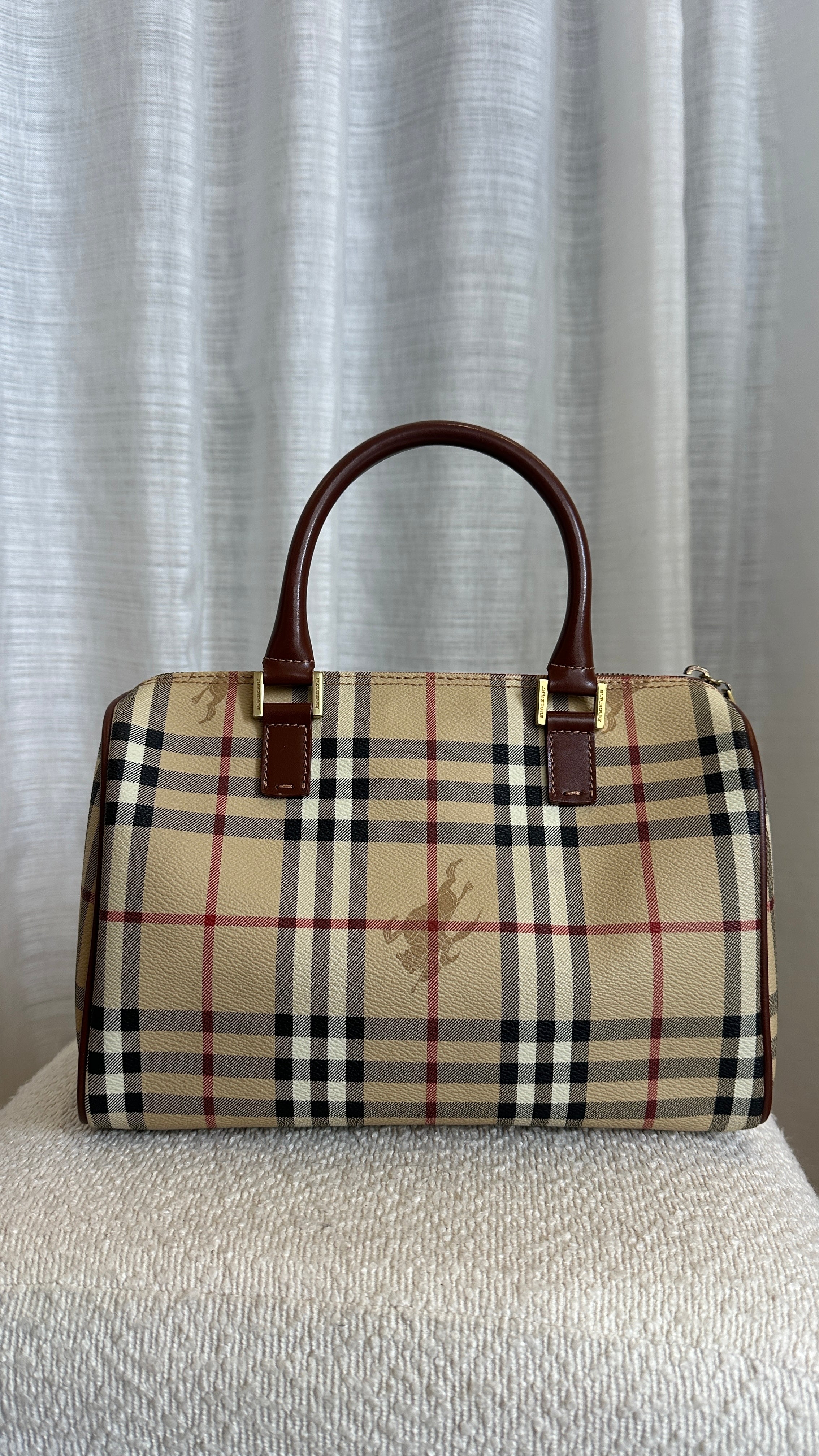BURBERRY CHECK COATED CANVAS BOSTON BAG IN BROWN