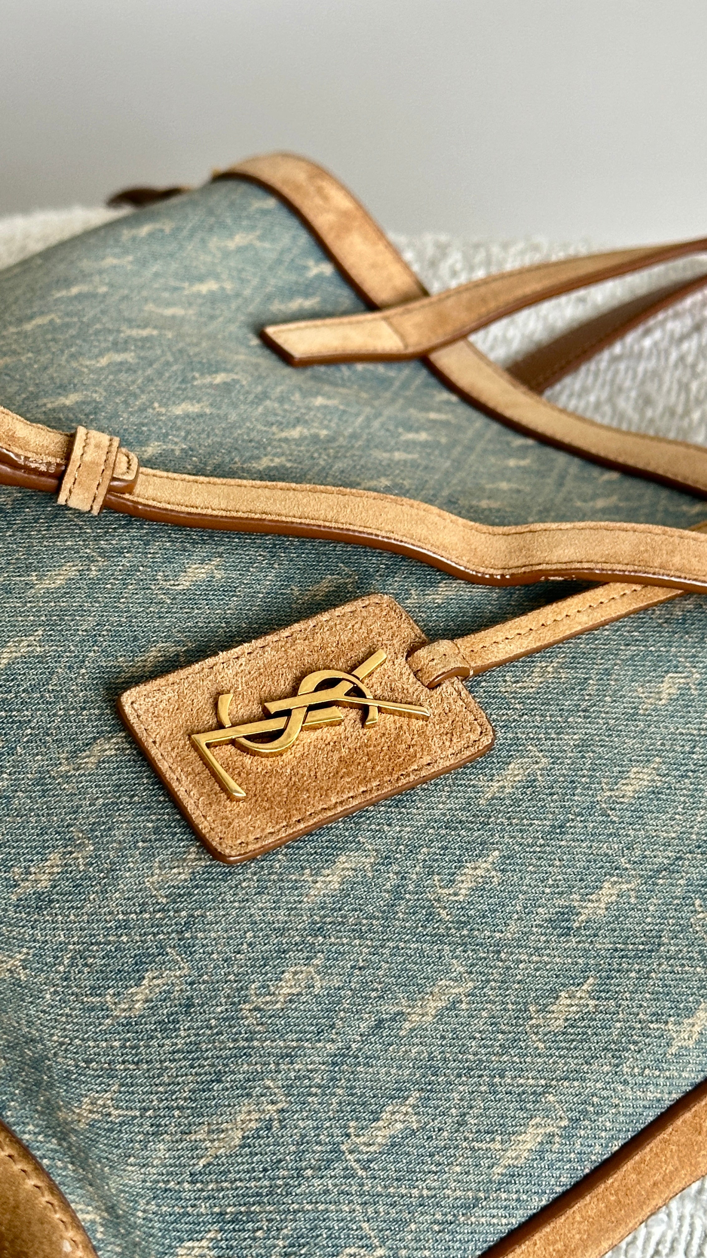 SAINT LAURENT TOY MONOGRAM DENIM TOTE BAG IN BLUE