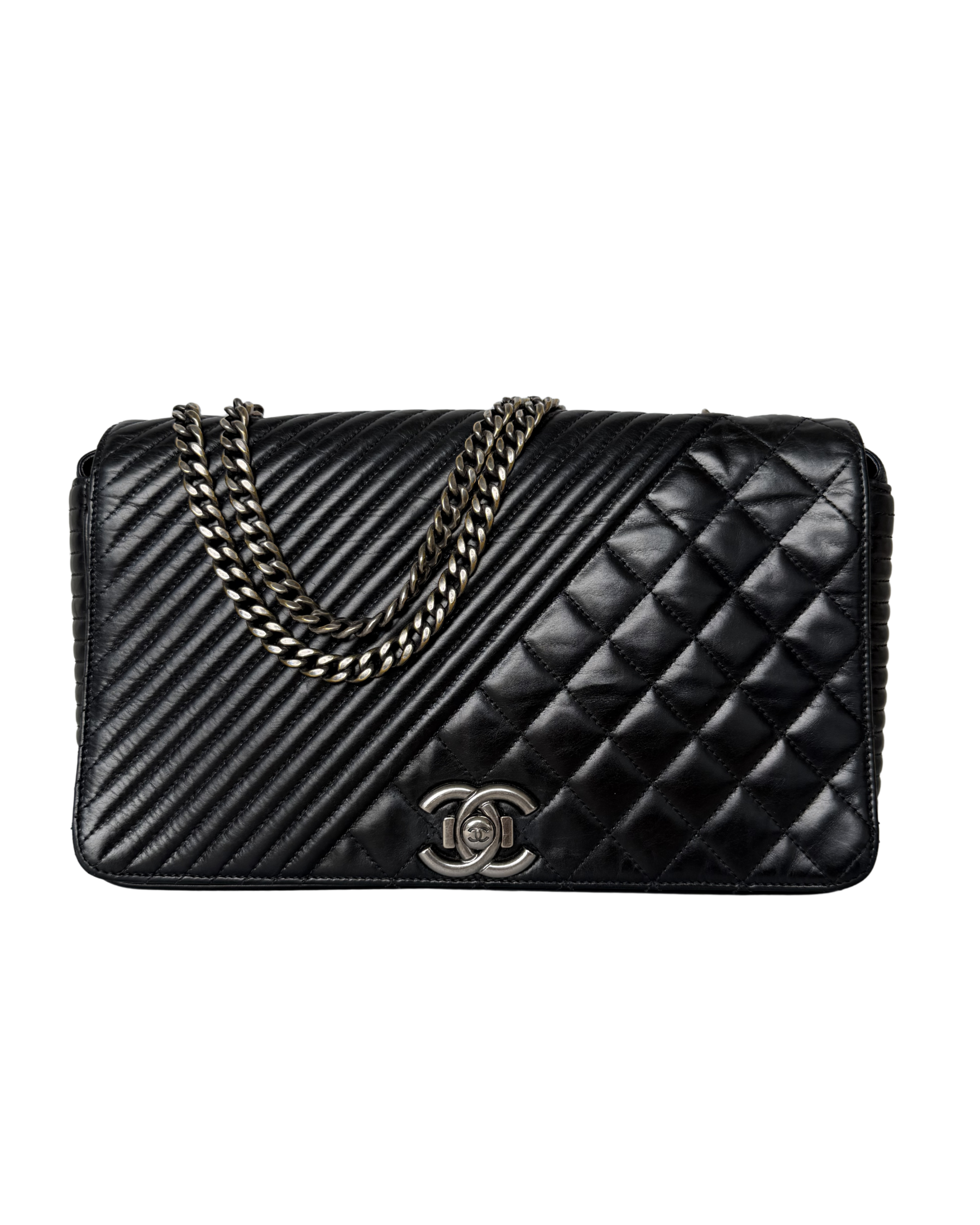 CHANEL LARGE QUILTED COCO BOY FLAP SHOULDER BAG IN BLACK