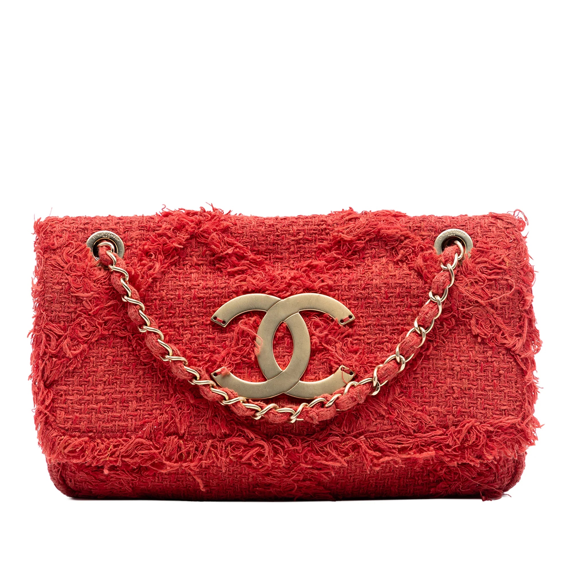 CHANEL MEDIUM TWEED DIAMOND STITCH NATURE FLAP BAG IN RED