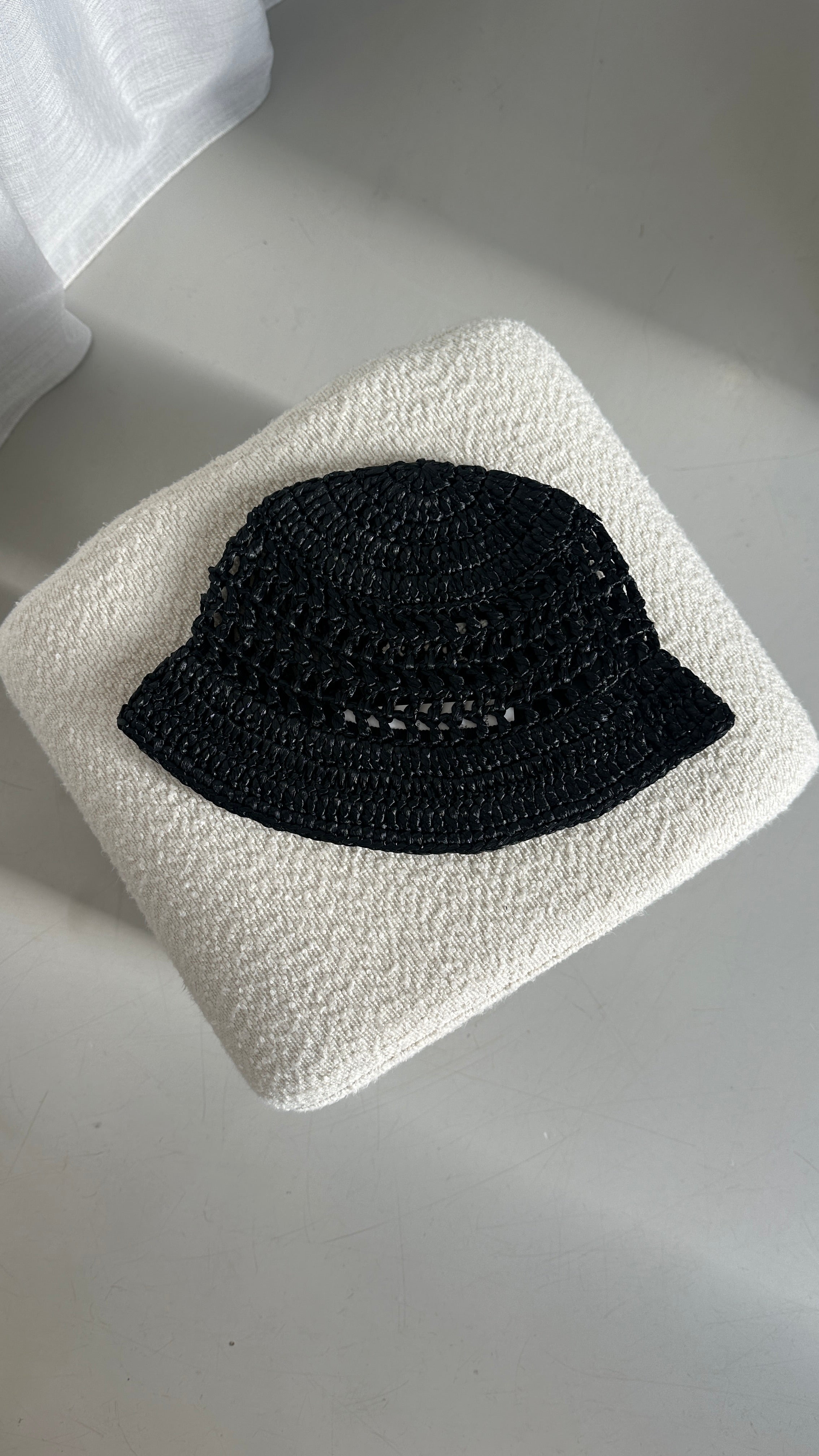 Prada Crochet Raffia Bucket Hat In Black