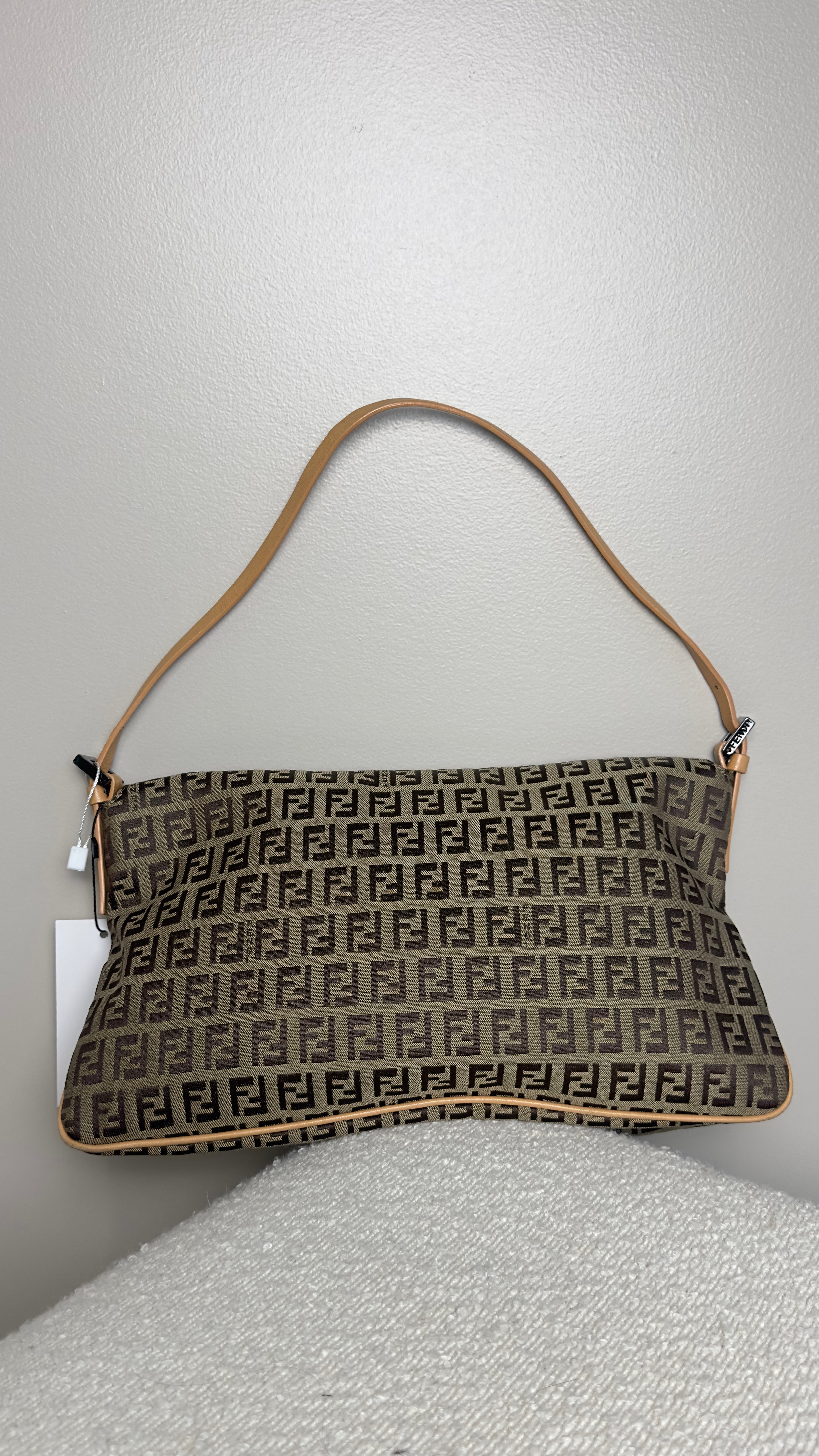 FENDI ZUCCHINO CANVAS DOUBLE FLAP SHOULDER BAG IN BROWN