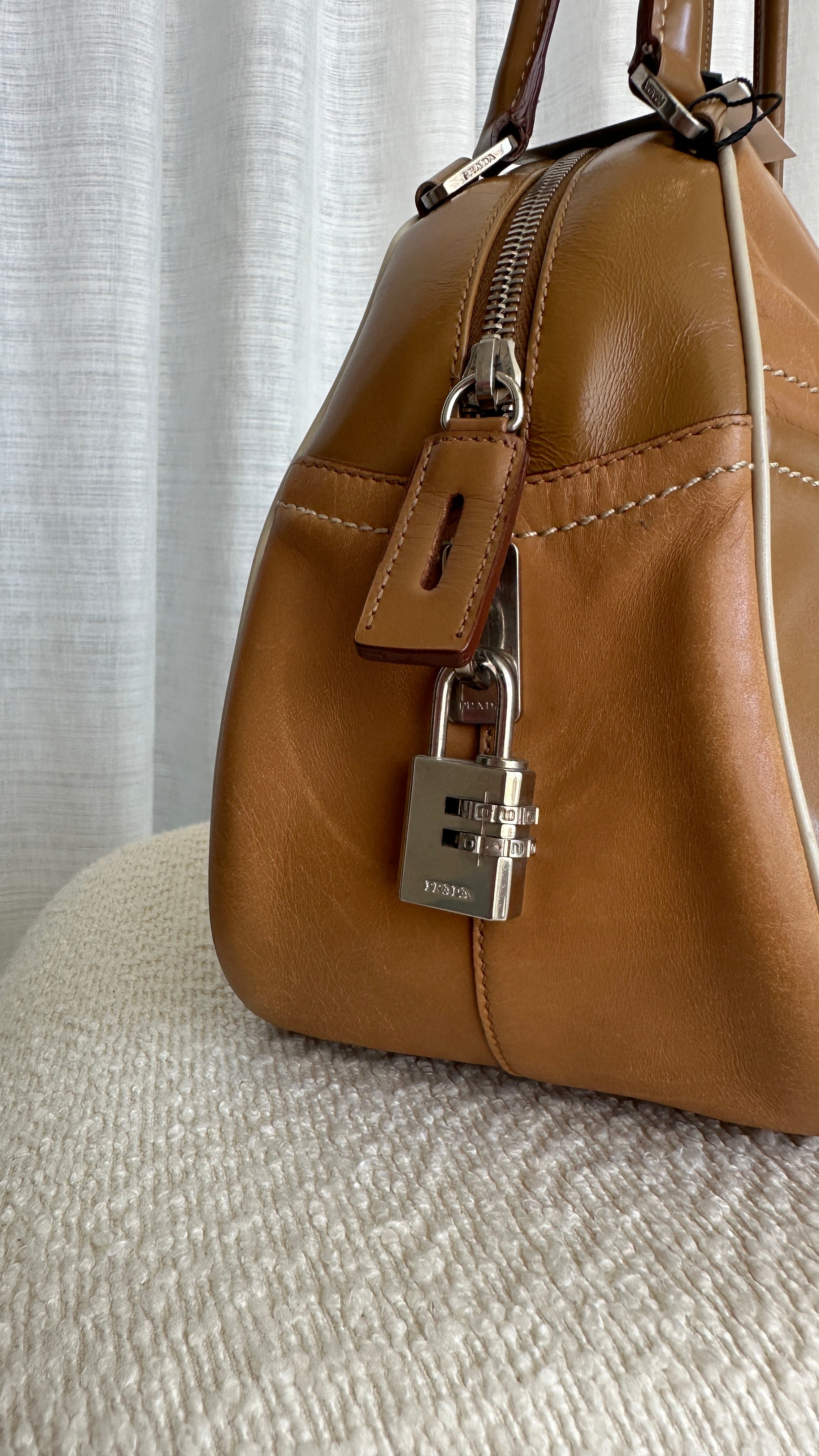 Prada Vintage Leather Shoulder Bag In Camel