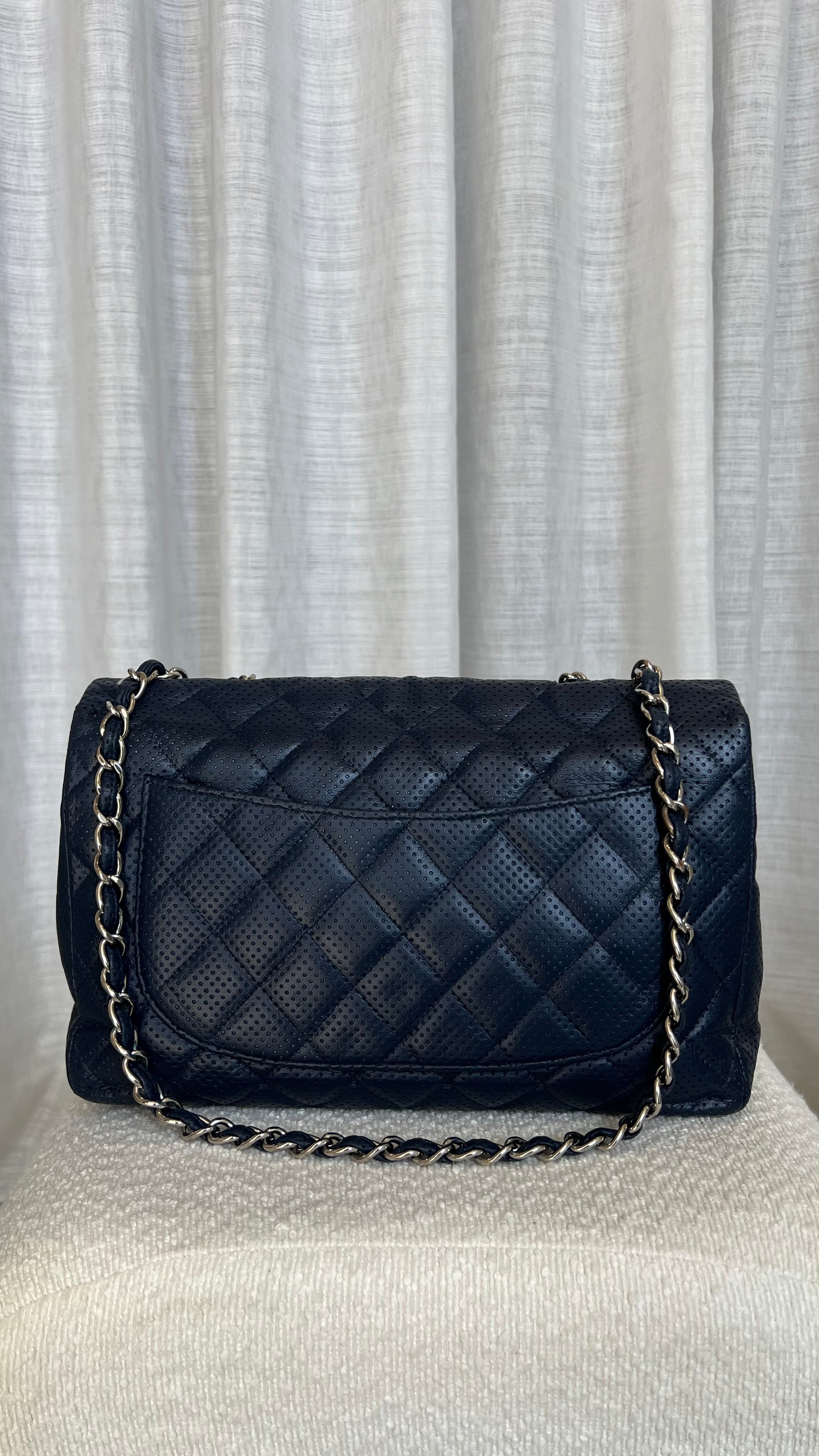 Chanel Jumbo Perforated Leather Flap Bag In Navy