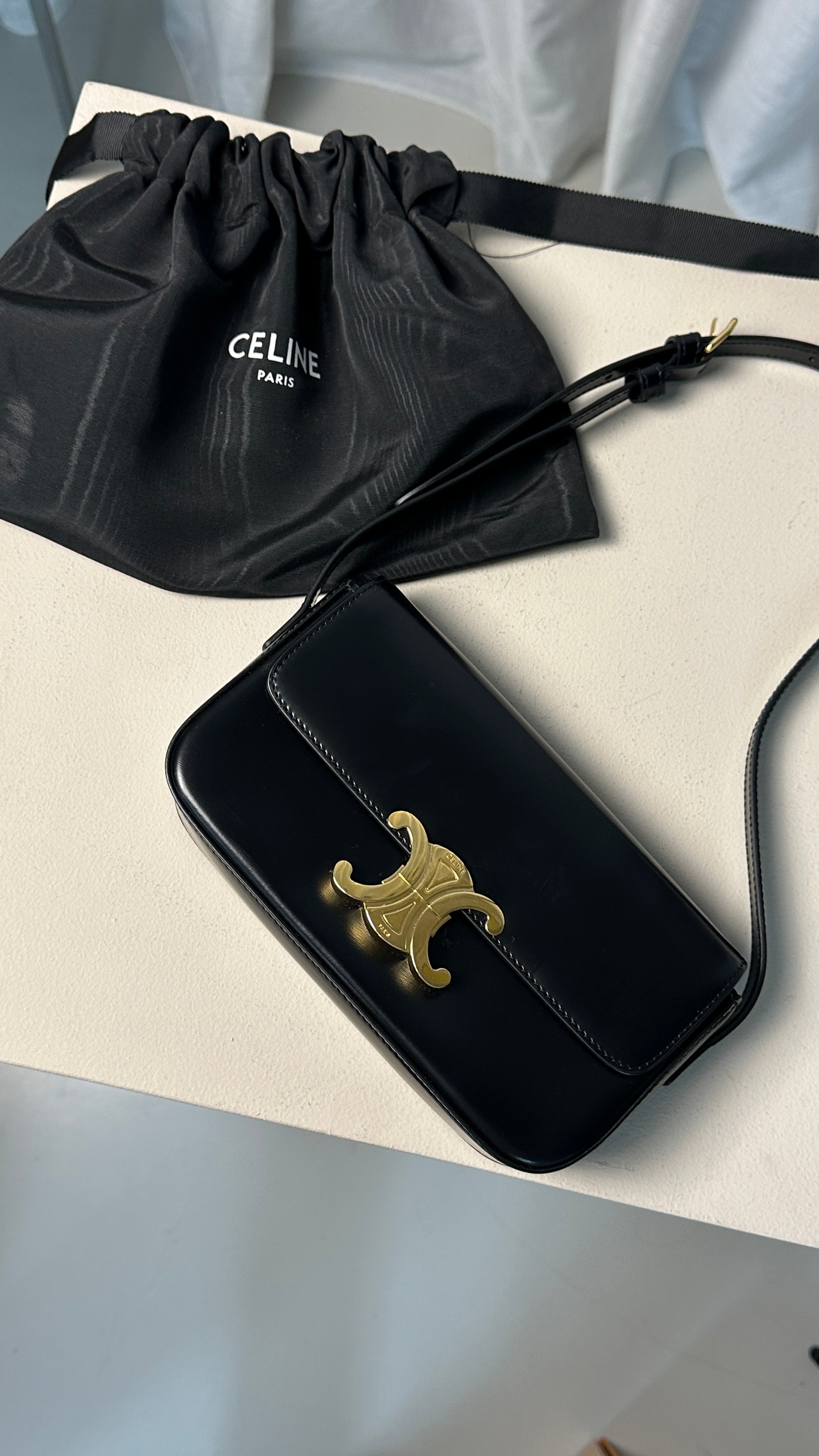 CÉLINE TRIOMPHE LONG LEATHER HANDBAG IN BLACK