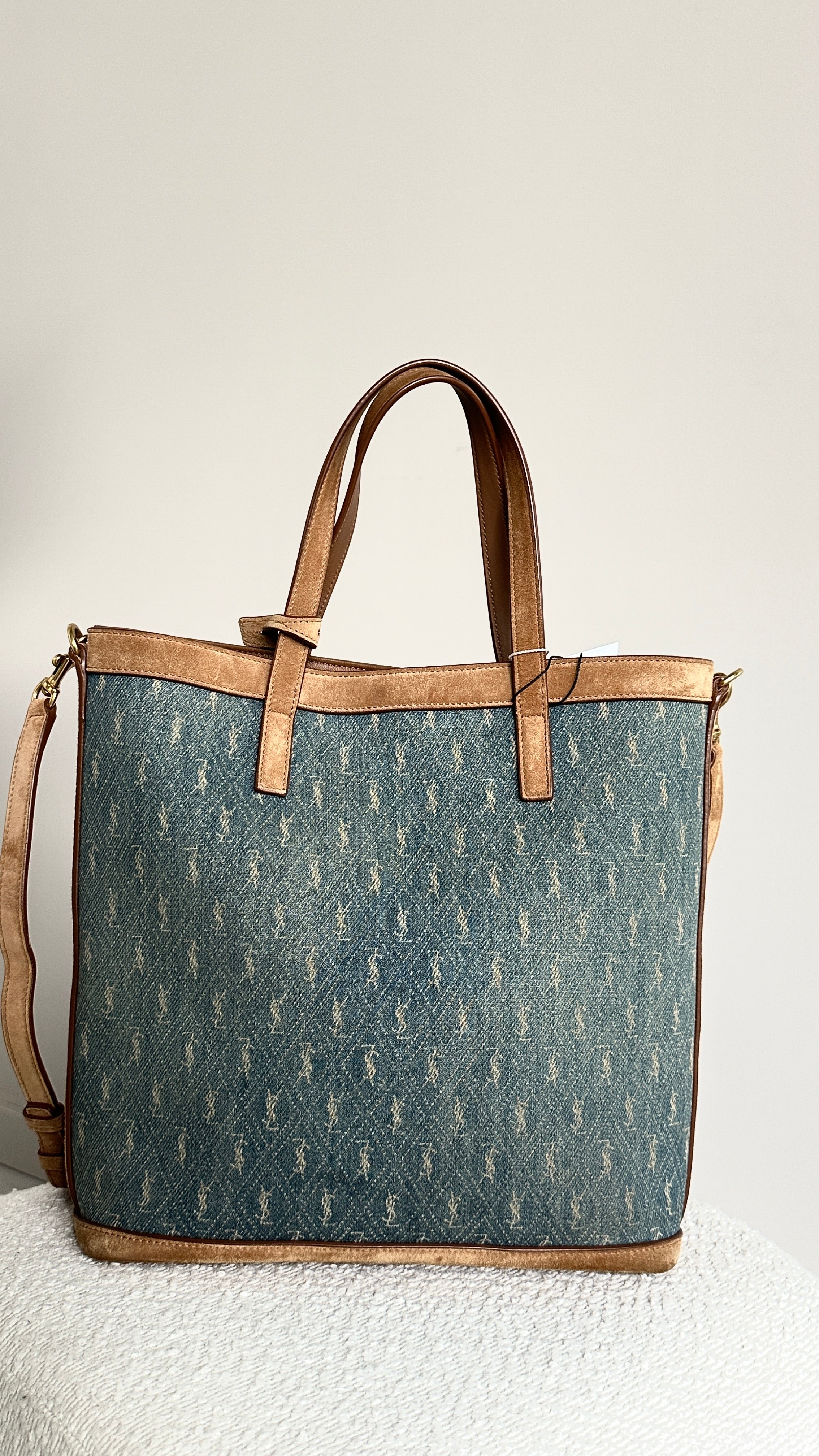 SAINT LAURENT TOY MONOGRAM DENIM TOTE BAG IN BLUE