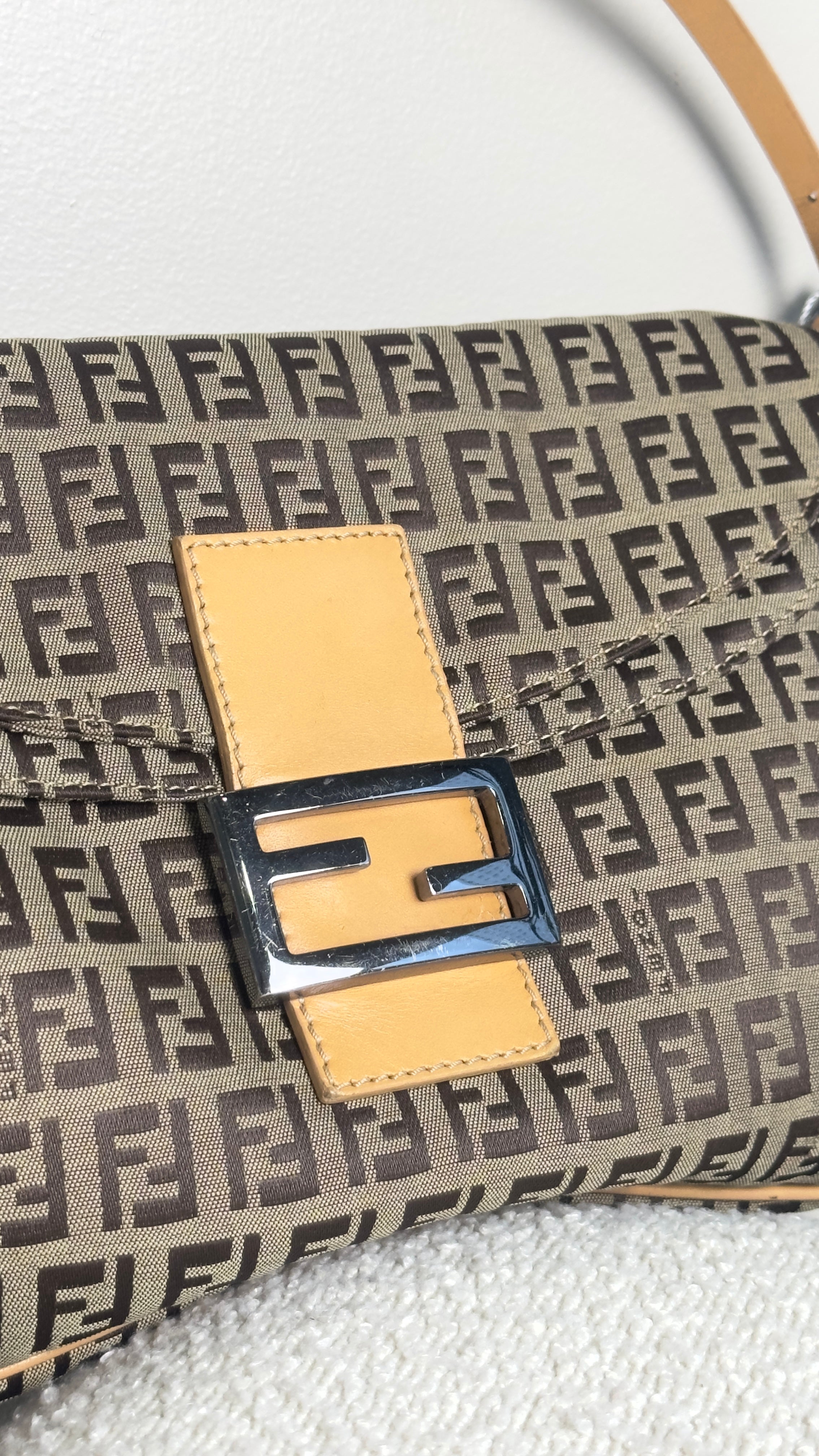 FENDI ZUCCHINO CANVAS DOUBLE FLAP SHOULDER BAG IN BROWN