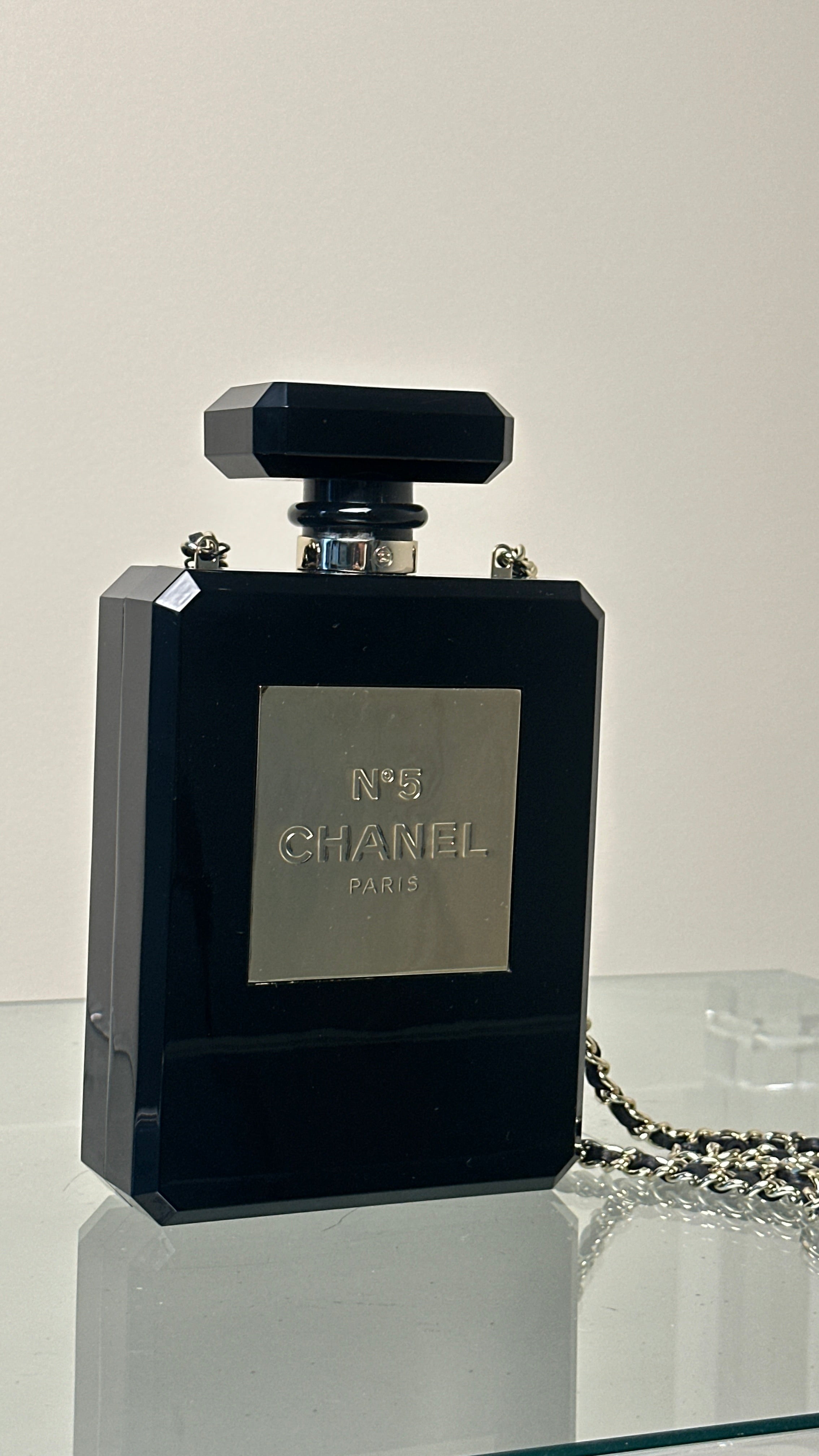 RARE COLLECTOR CHANEL BLACK PLEXIGLASS NO.5 BOTTlLE BAG IN BLACK