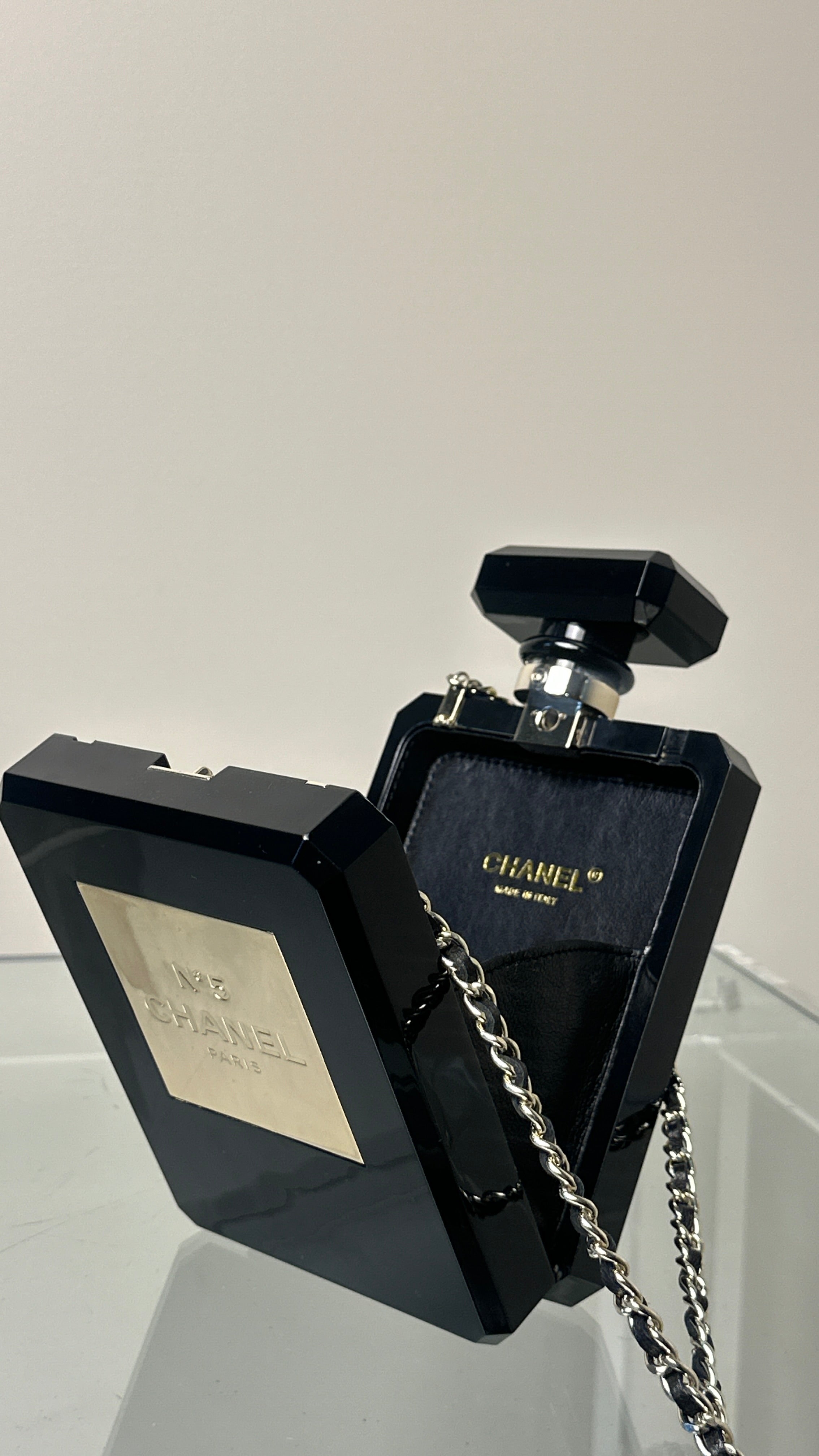 RARE COLLECTOR CHANEL BLACK PLEXIGLASS NO.5 BOTTlLE BAG IN BLACK