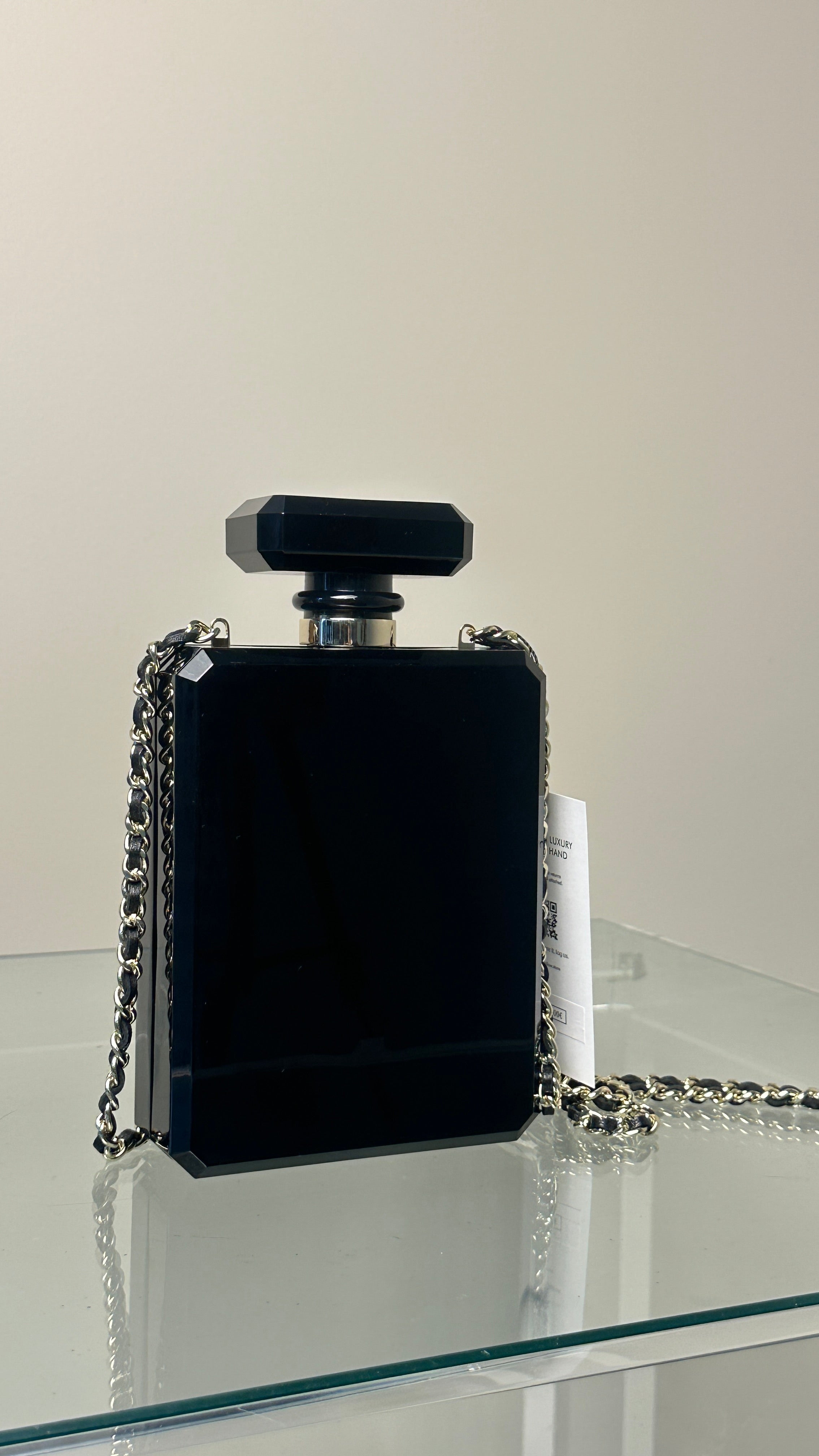 RARE COLLECTOR CHANEL BLACK PLEXIGLASS NO.5 BOTTlLE BAG IN BLACK