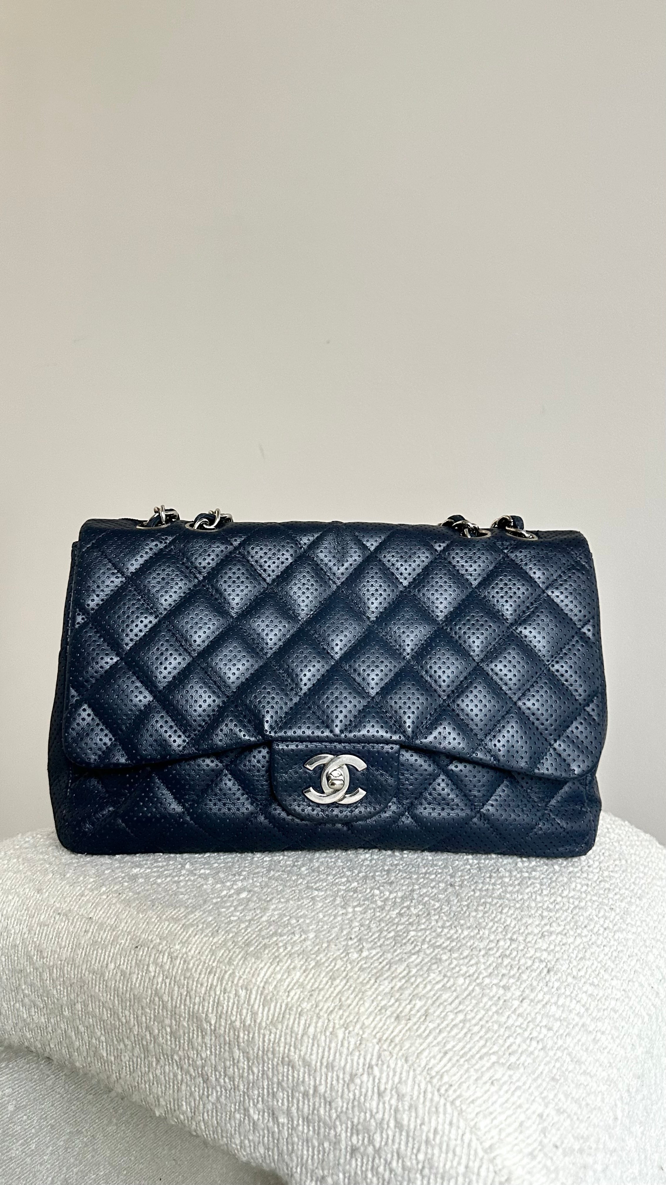 Chanel Jumbo Perforated Leather Flap Bag In Navy
