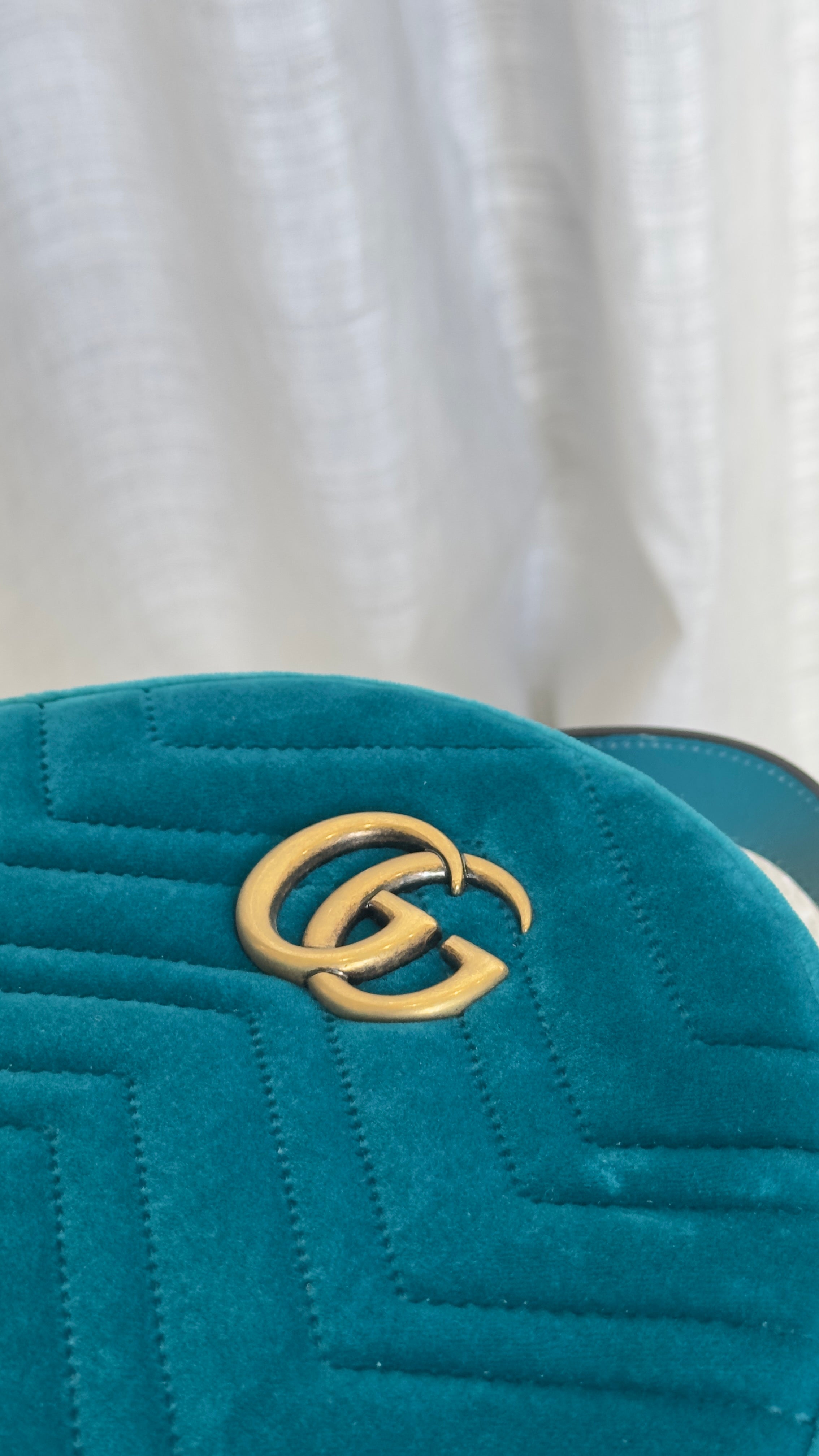 GUCCI GG MARMONT VELVET BACKPACK IN TURQUOISE BLUE
