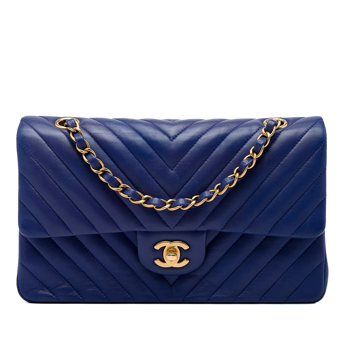 Chanel Medium Classic Chevron Lambskin Double Flap Blue