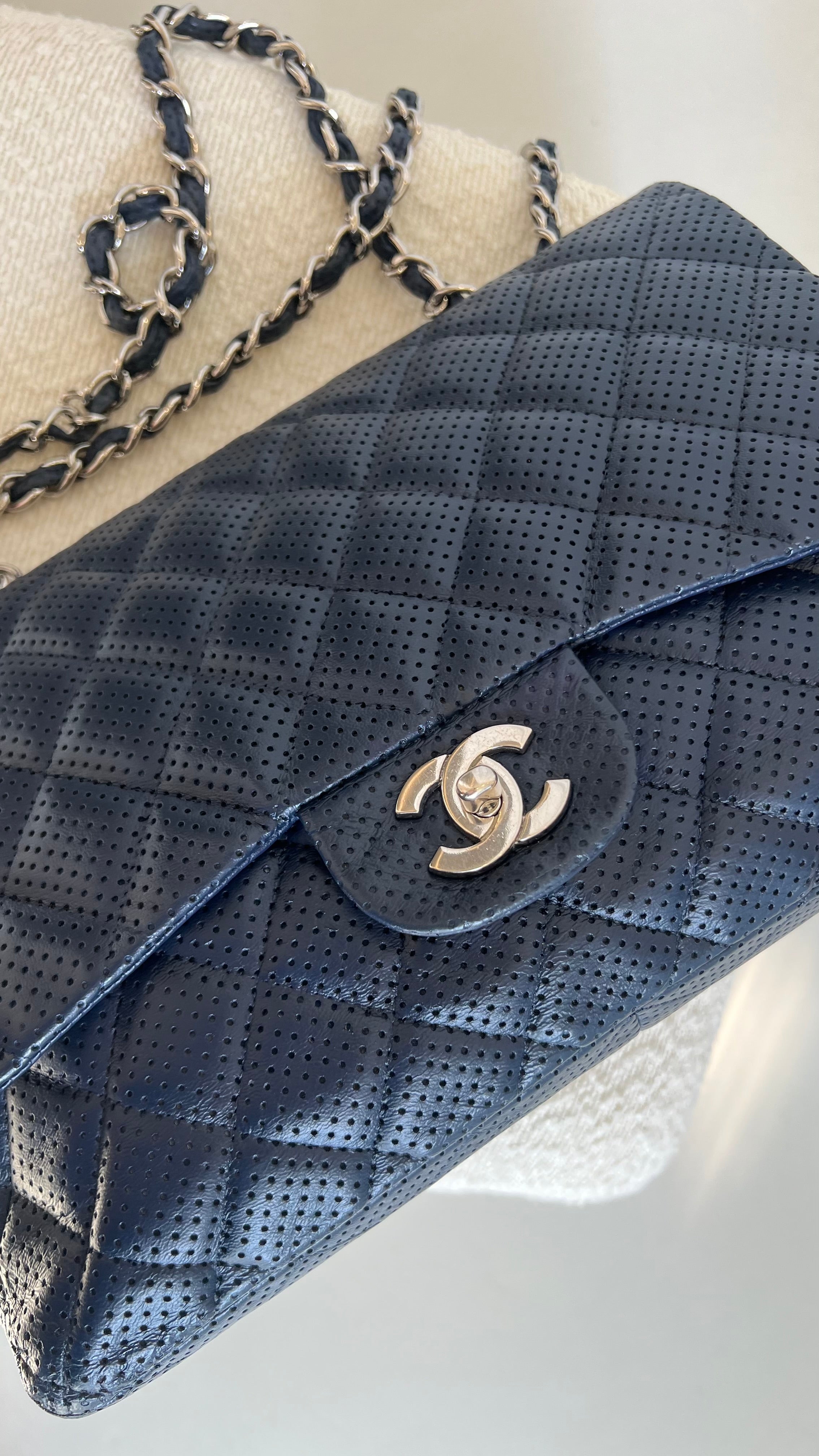 Chanel Jumbo Perforated Leather Flap Bag In Navy