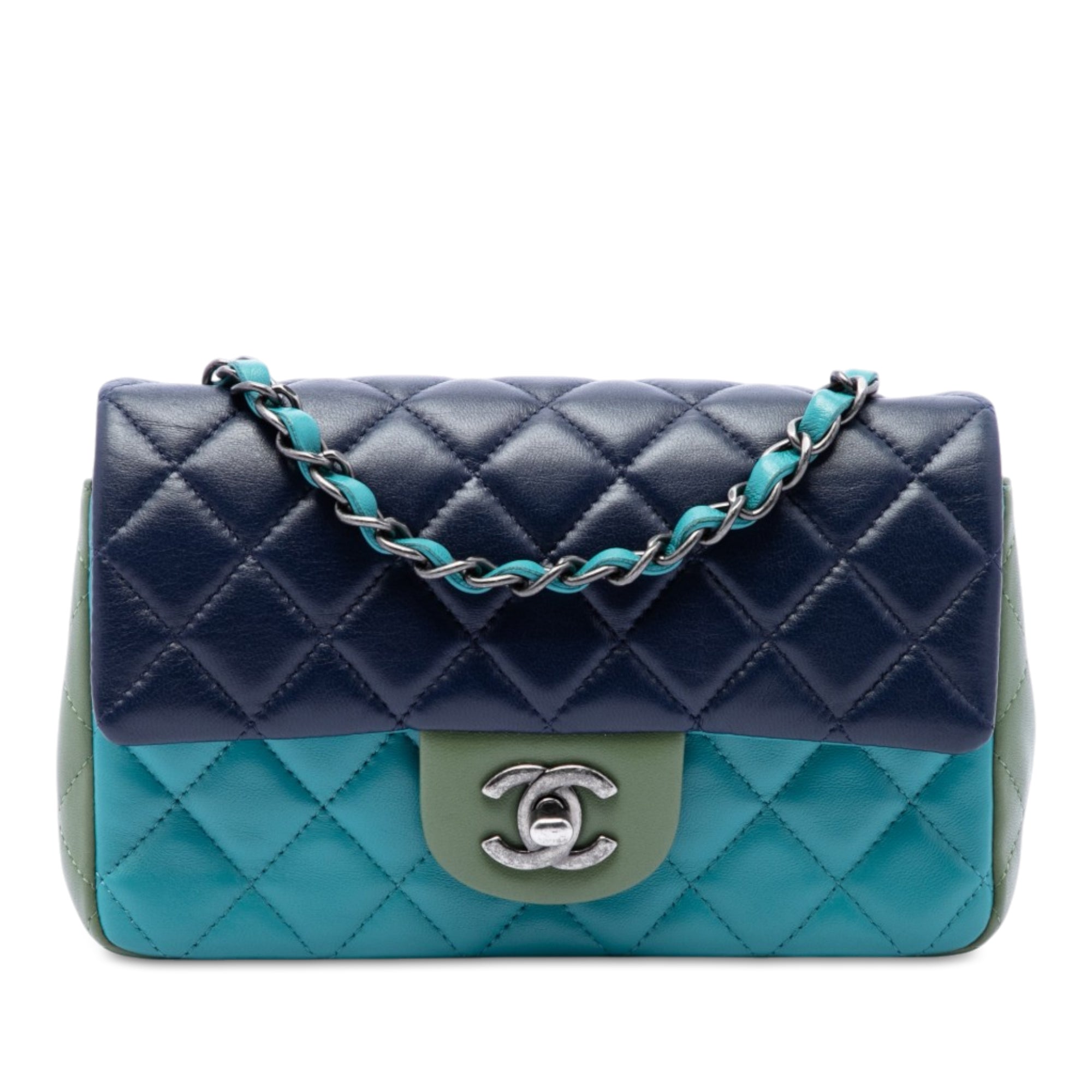 Chanel Mini Rectangular Classic Tricolor Lambskin Single Flap Blue
