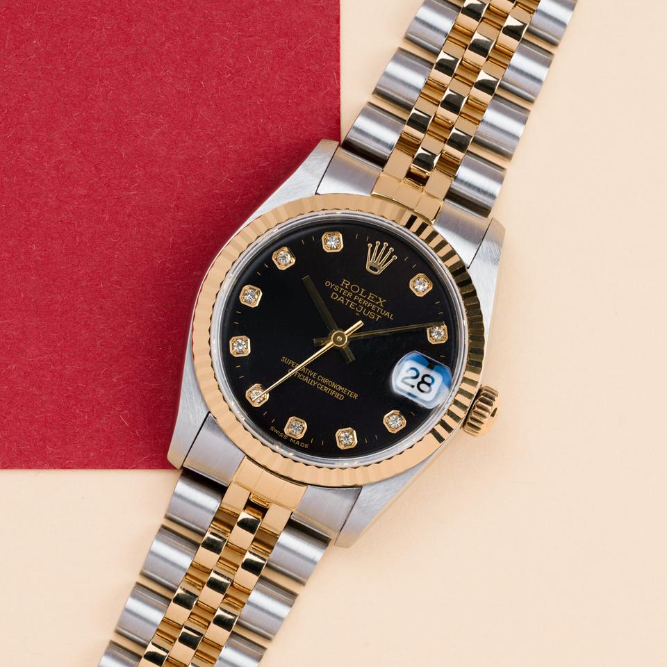 Rolex Datejust 31mm Steel & Yellow Gold Watch Black Diamond Dial Jubilee Band
