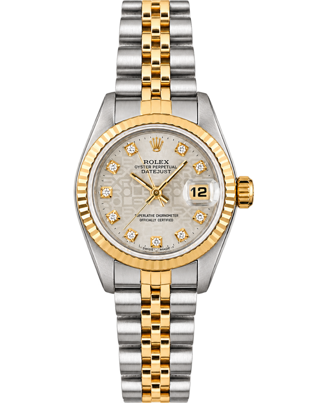 Datejust 26mm in Steel with Yellow Gold Fluted Bezel on Jubilee Bracelet with Silver Jubilee Diamond Dial
