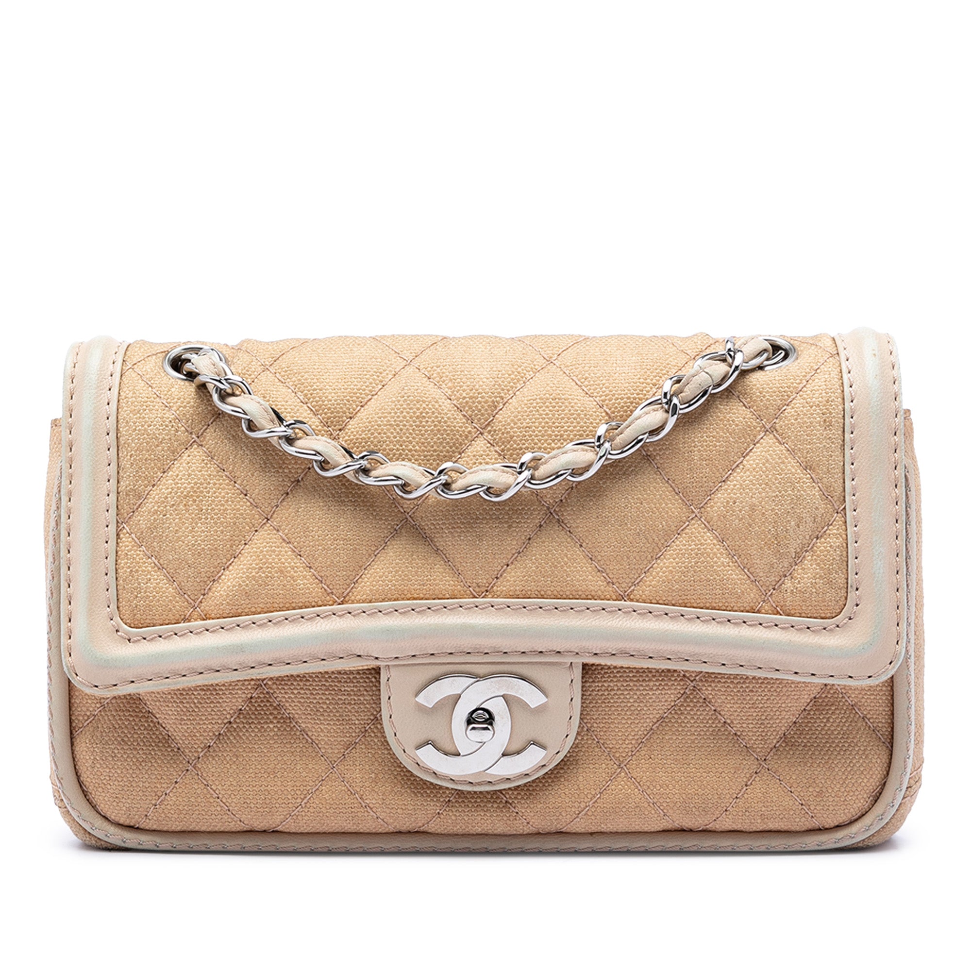 Chanel Medium Classic Canvas Lambskin Trimmed Double Flap Beige