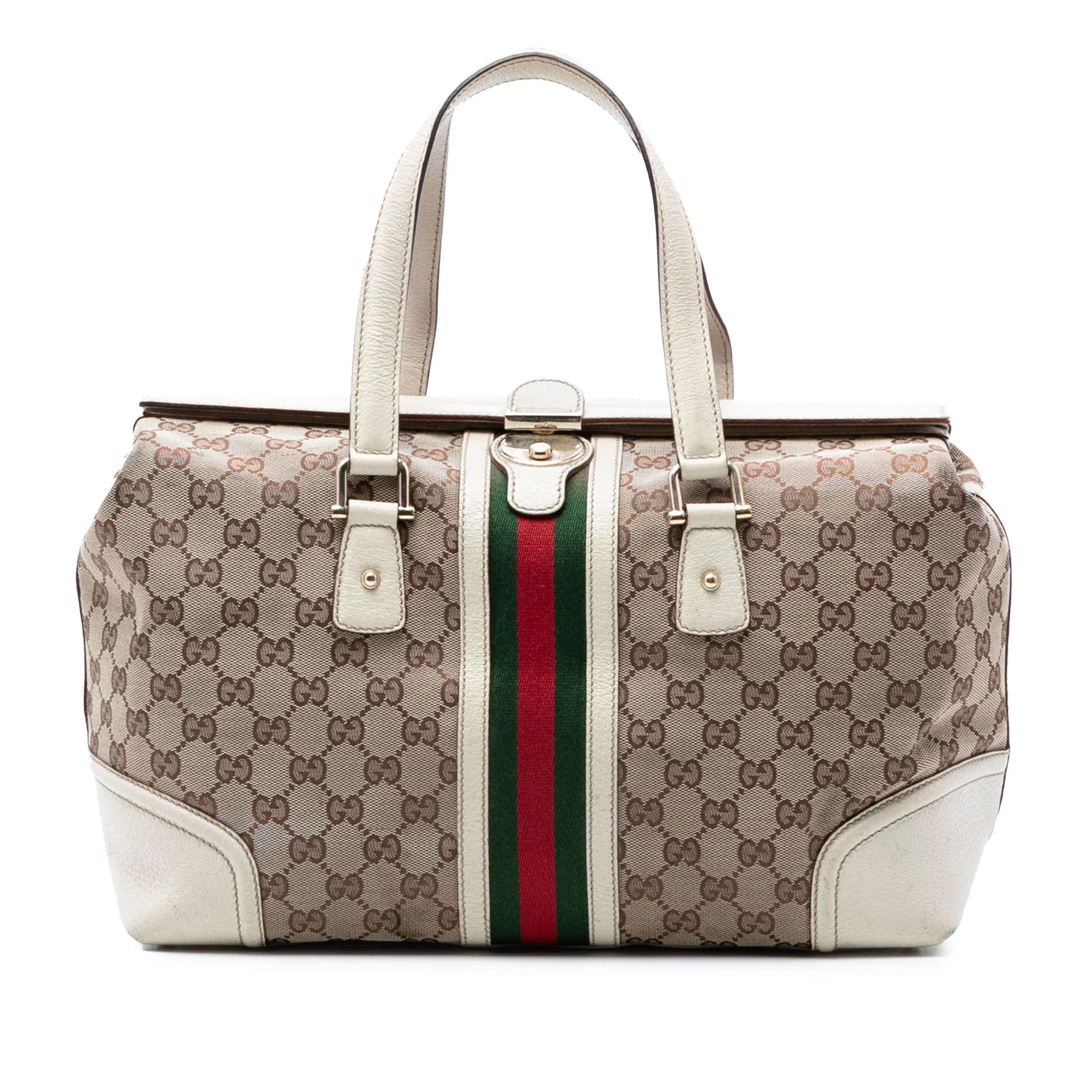 GUCCI GG CANVAS WEB TREASURE BOSTON BAG IN WHITE