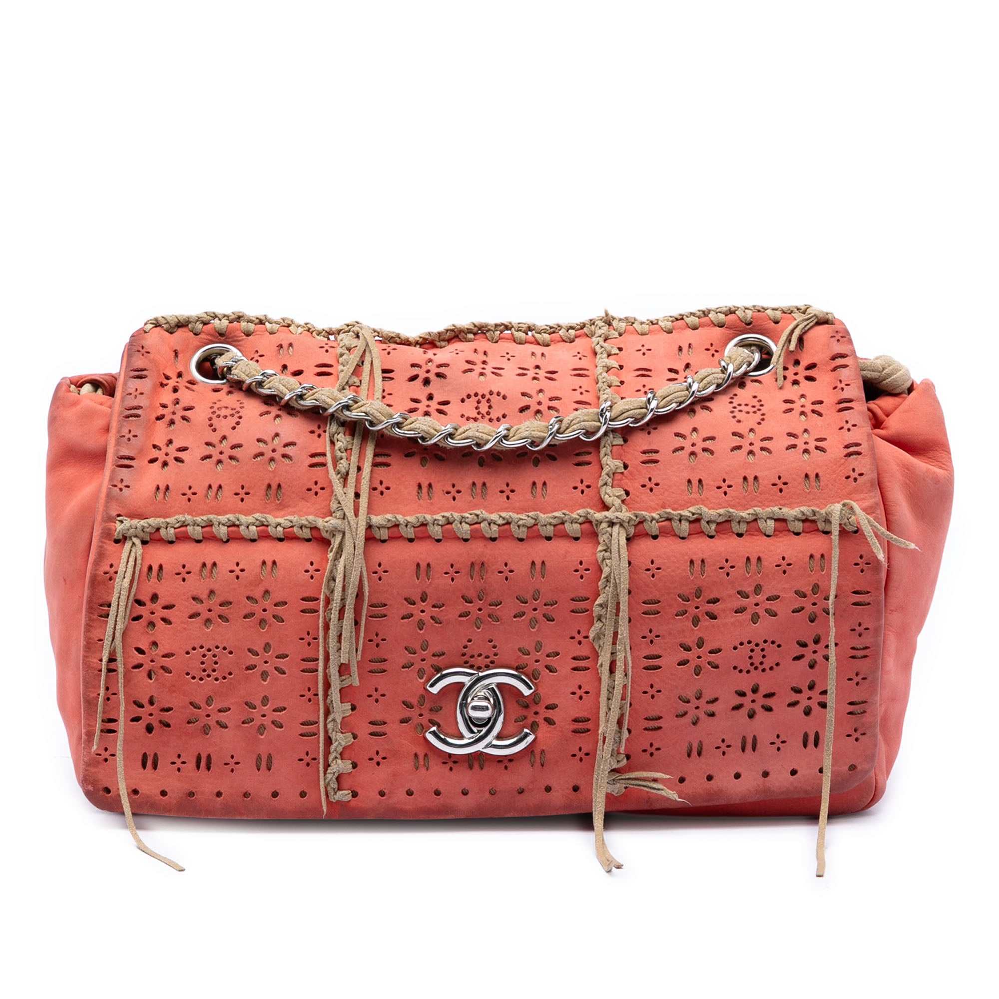 Chanel Laser Cut Fringe Suede Flap Orange