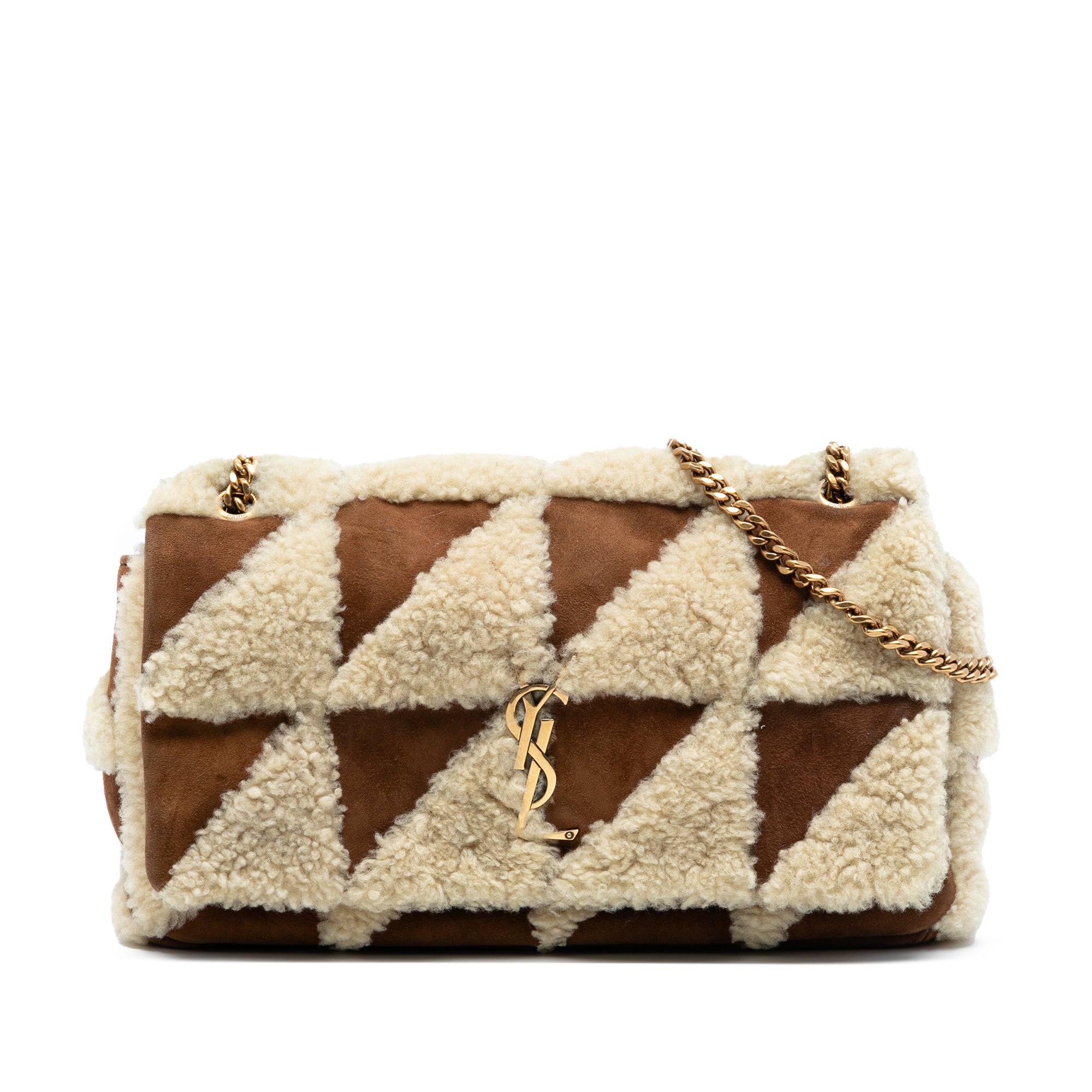Saint Laurent Medium Suede and Shearling Patchwork Jamie Shoulder Bag Brown