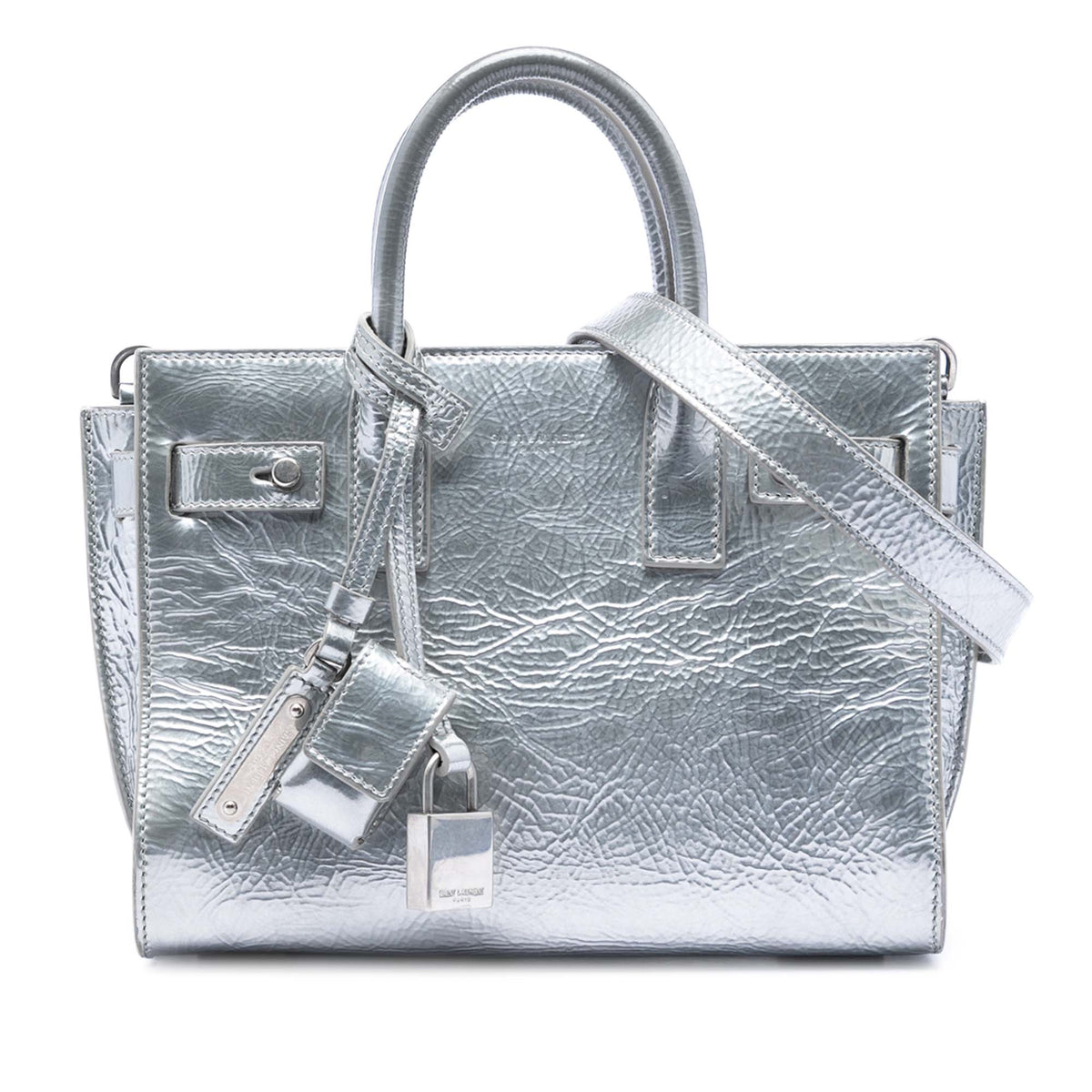 Saint Laurent Nano Metallic Crinkled Calfskin Supple Sac De Jour Satchel Silver