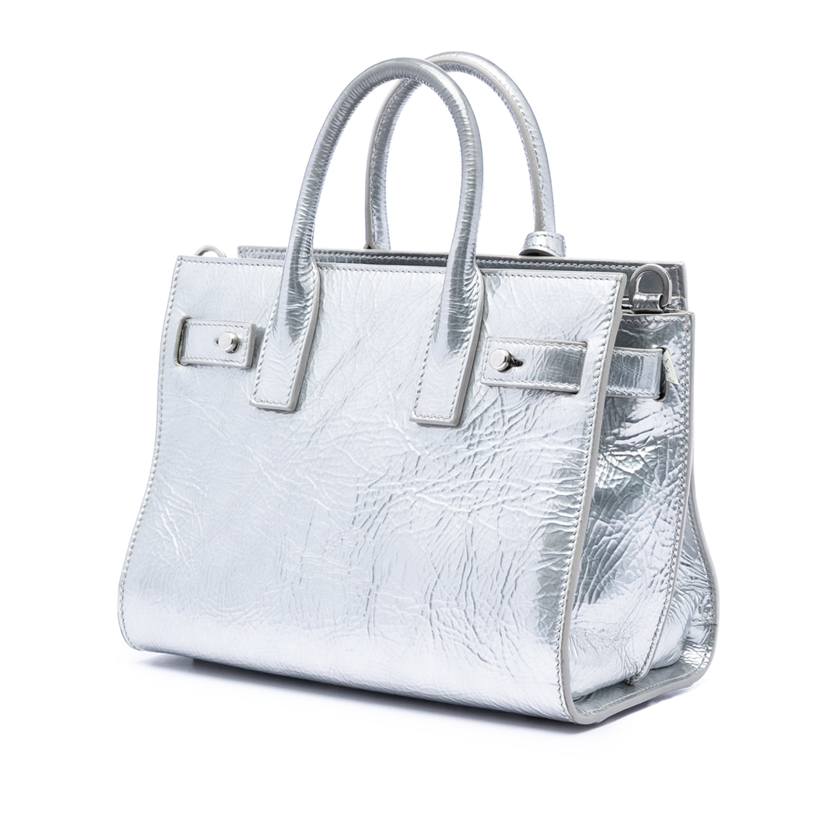 Saint Laurent Nano Metallic Crinkled Calfskin Supple Sac De Jour Satchel Silver