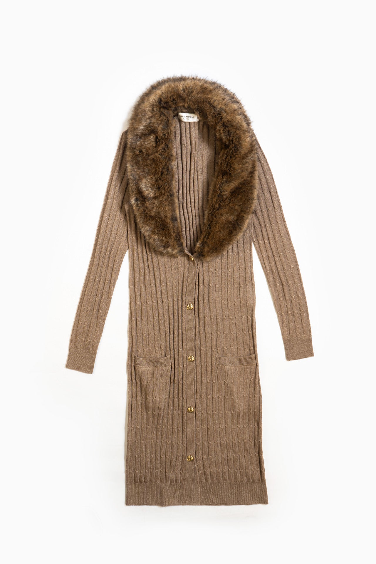 Saint Laurent Cardigan Knit Dress In Brown
